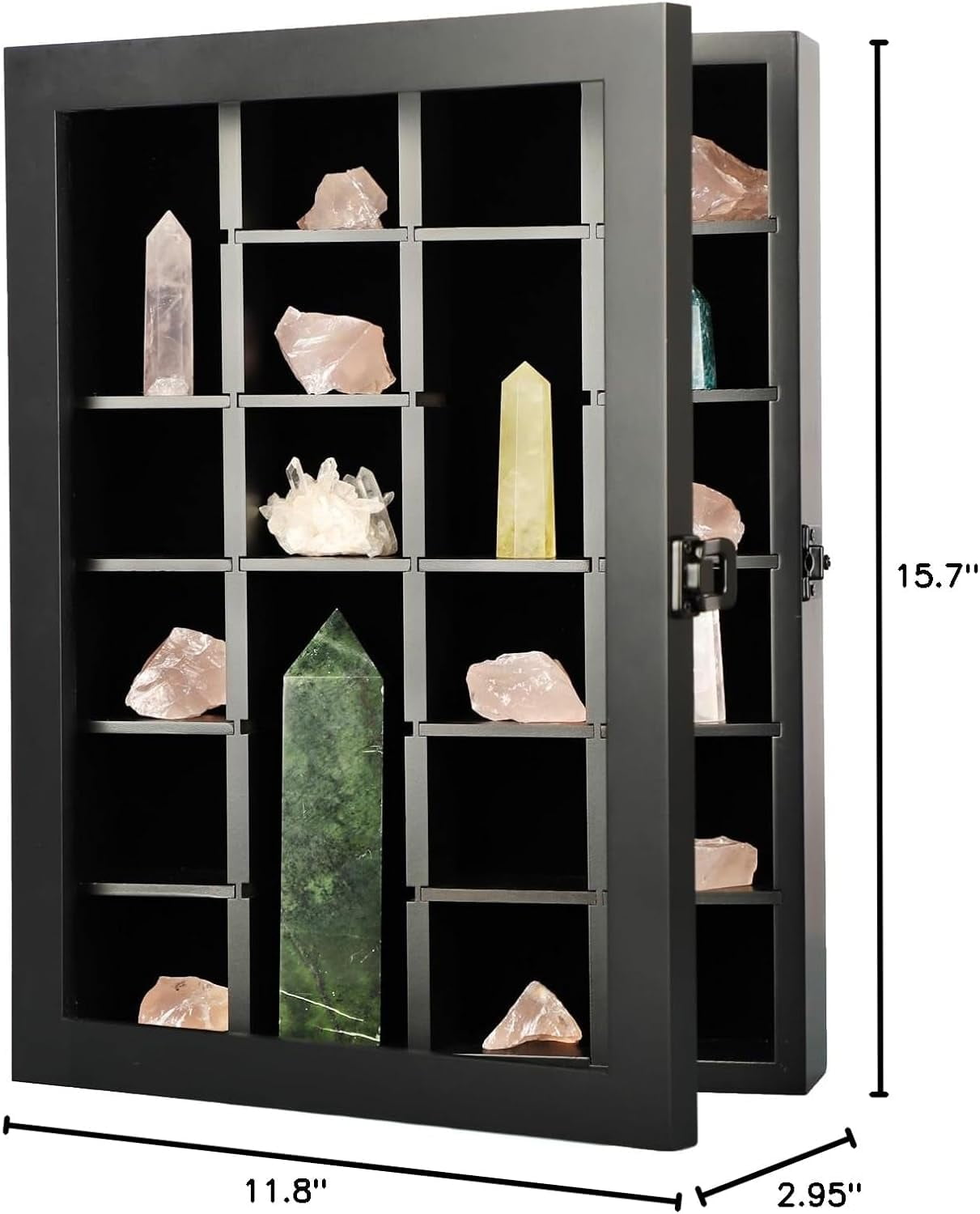 NeoMart Adjustable Rock Display Case - Wooden Crystal Organizer for Stones Storage - Rock Collection Box with Shelves for Agate Opal Crystal Stone Arrowheads Spear Points Rocks, Large Black