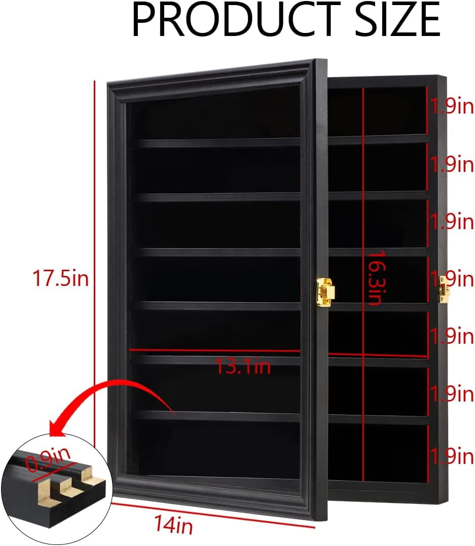 NeoMart Adjustable Rock Display Case - Wooden Crystal Organizer for Stones Storage - Rock Collection Box with Shelves for Agate Opal Crystal Stone Arrowheads Spear Points Rocks, Large Black