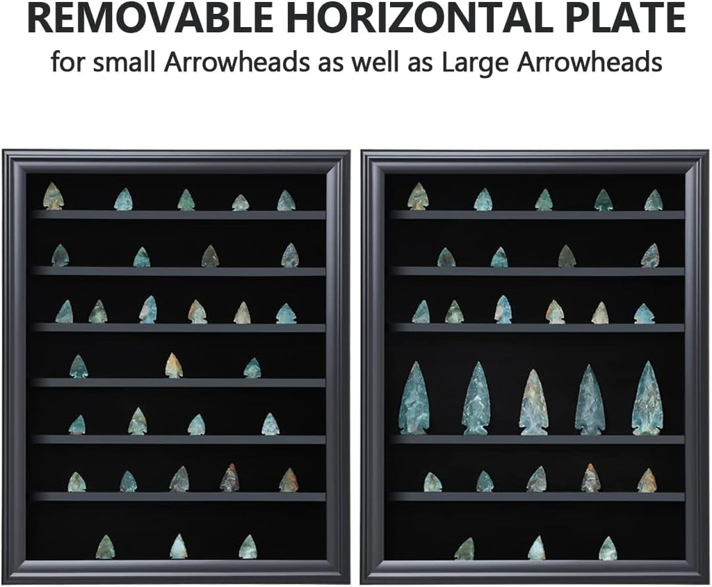 NeoMart Adjustable Rock Display Case - Wooden Crystal Organizer for Stones Storage - Rock Collection Box with Shelves for Agate Opal Crystal Stone Arrowheads Spear Points Rocks, Large Black