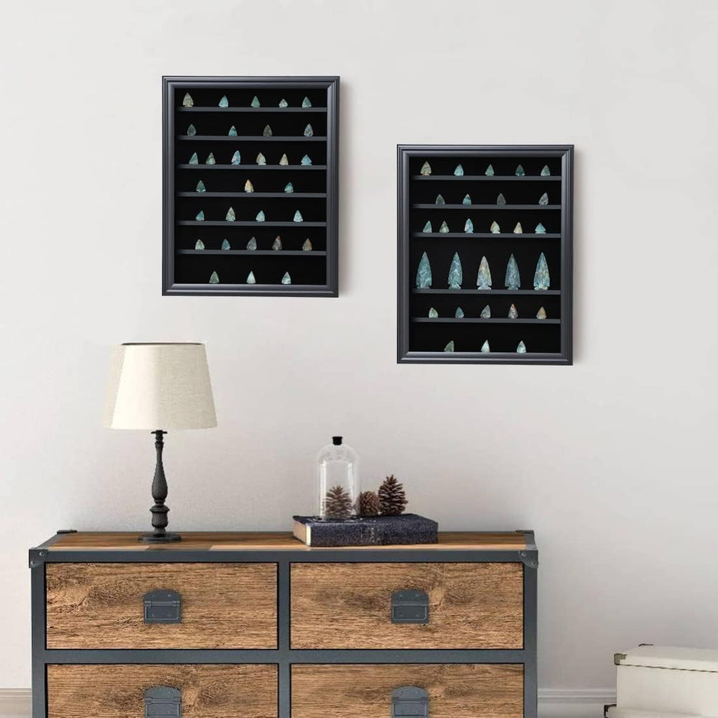 NeoMart Adjustable Rock Display Case - Wooden Crystal Organizer for Stones Storage - Rock Collection Box with Shelves for Agate Opal Crystal Stone Arrowheads Spear Points Rocks, Large Black