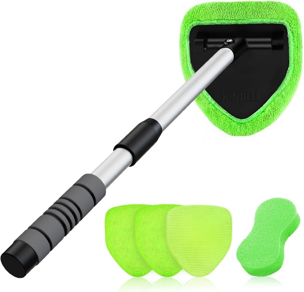 XINDELL Windshield Cleaner Tool – Car Interior Window Cleaning Kit with Extendable Handle &amp; 4 Microfiber Pads, Auto Wiper Inside Windshield Brush for Car &amp; Home Windows
