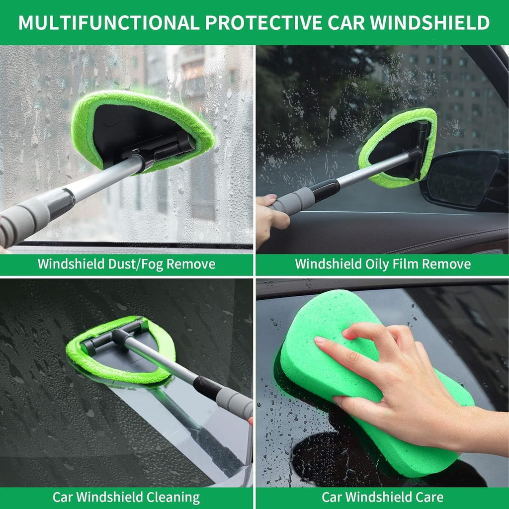 XINDELL Windshield Cleaner Tool – Car Interior Window Cleaning Kit with Extendable Handle &amp; 4 Microfiber Pads, Auto Wiper Inside Windshield Brush for Car &amp; Home Windows