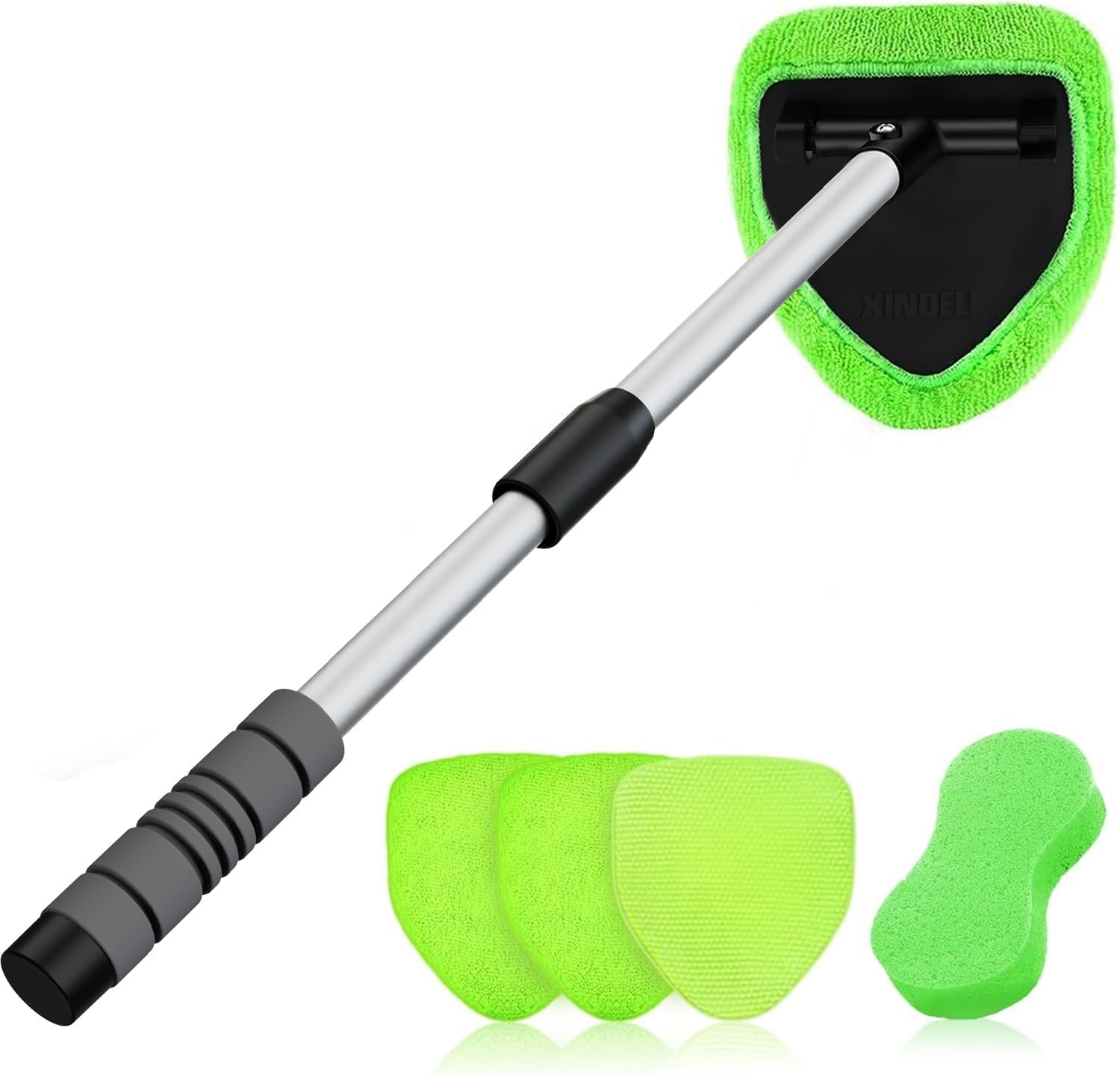 XINDELL Windshield Cleaner Tool – Car Interior Window Cleaning Kit with Extendable Handle &amp; 4 Microfiber Pads, Auto Wiper Inside Windshield Brush for Car &amp; Home Windows