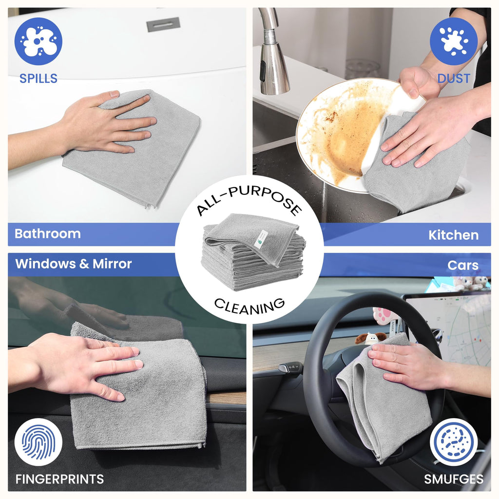 Microfiber Cleaning Cloths-12 Pack,Microfiber Towels For Cars &amp; Kitchen,Highly Absorbent Cleaning Towel,Lint Free Streak Free Rags For House,Window,Grey(12.2"x12.2")