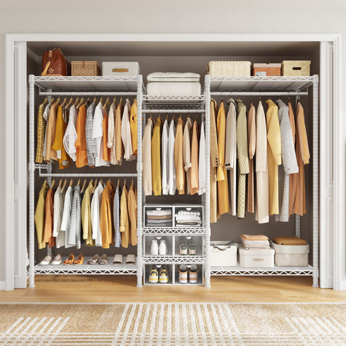 3-Row Closet Organizer System,Heavy Duty Freestanding Clothes Rack with 4 Hanging Rods &amp; 7 Shelves,752 LBS Metal Wardrobe Closet Storage for Bedroom Apartment,70.5"W x 77"H x 13.8"D,White
