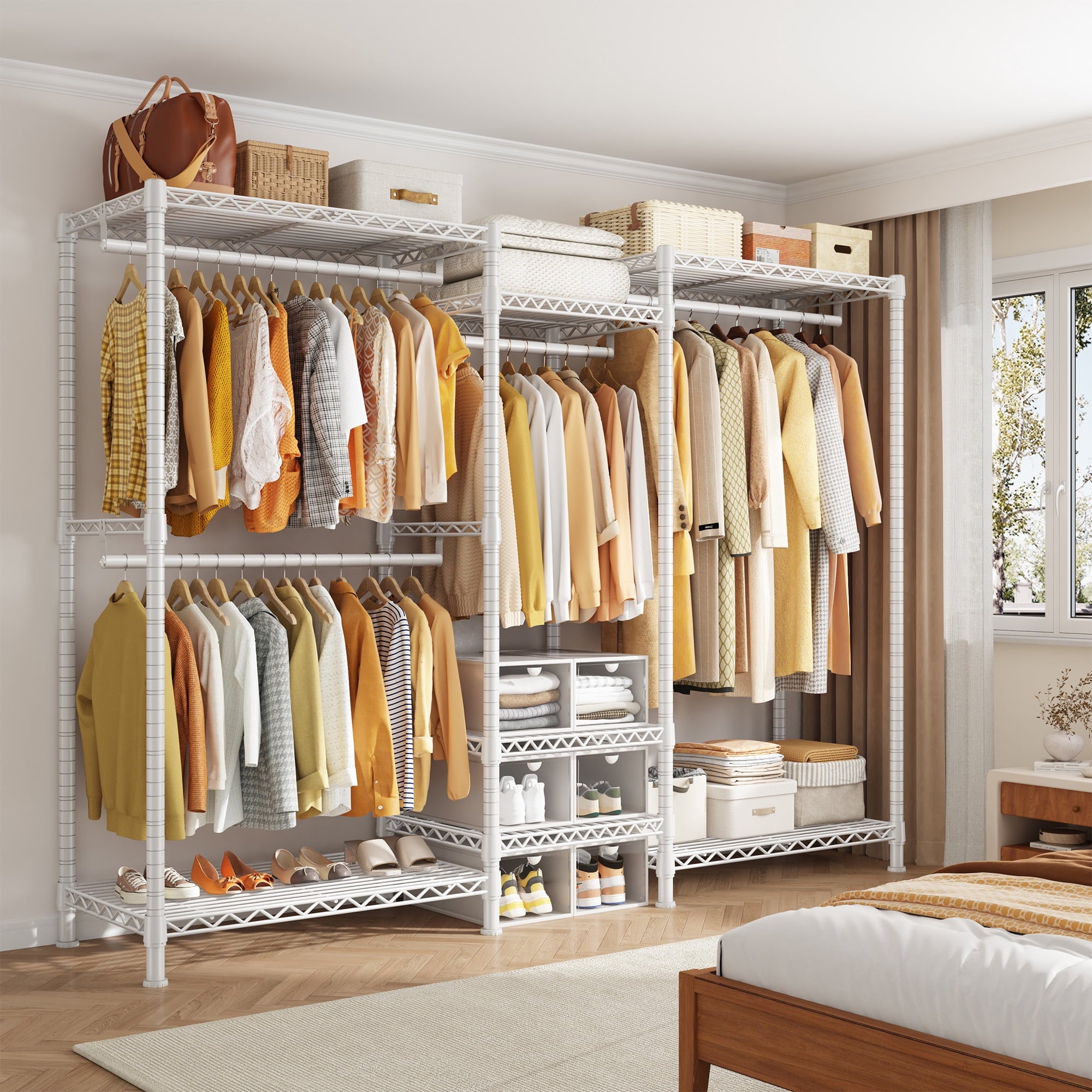 3-Row Closet Organizer System,Heavy Duty Freestanding Clothes Rack with 4 Hanging Rods &amp; 7 Shelves,752 LBS Metal Wardrobe Closet Storage for Bedroom Apartment,70.5"W x 77"H x 13.8"D,White