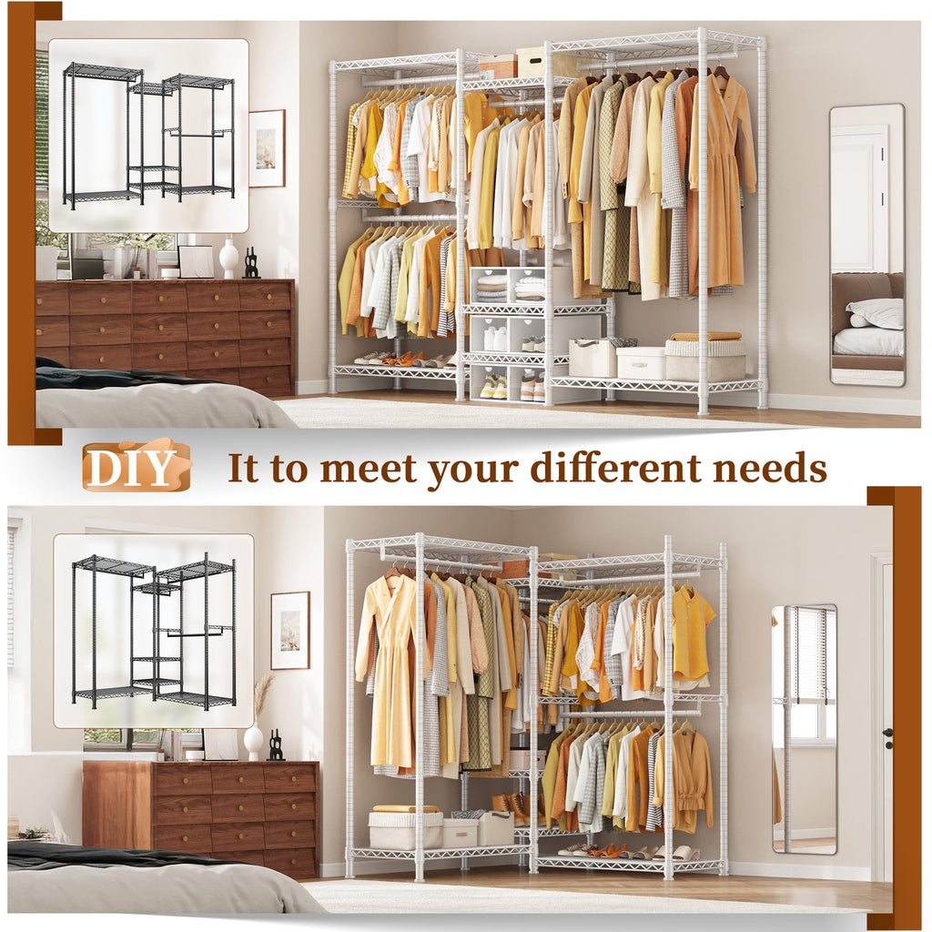 3-Row Closet Organizer System,Heavy Duty Freestanding Clothes Rack with 4 Hanging Rods &amp; 7 Shelves,752 LBS Metal Wardrobe Closet Storage for Bedroom Apartment,70.5"W x 77"H x 13.8"D,White