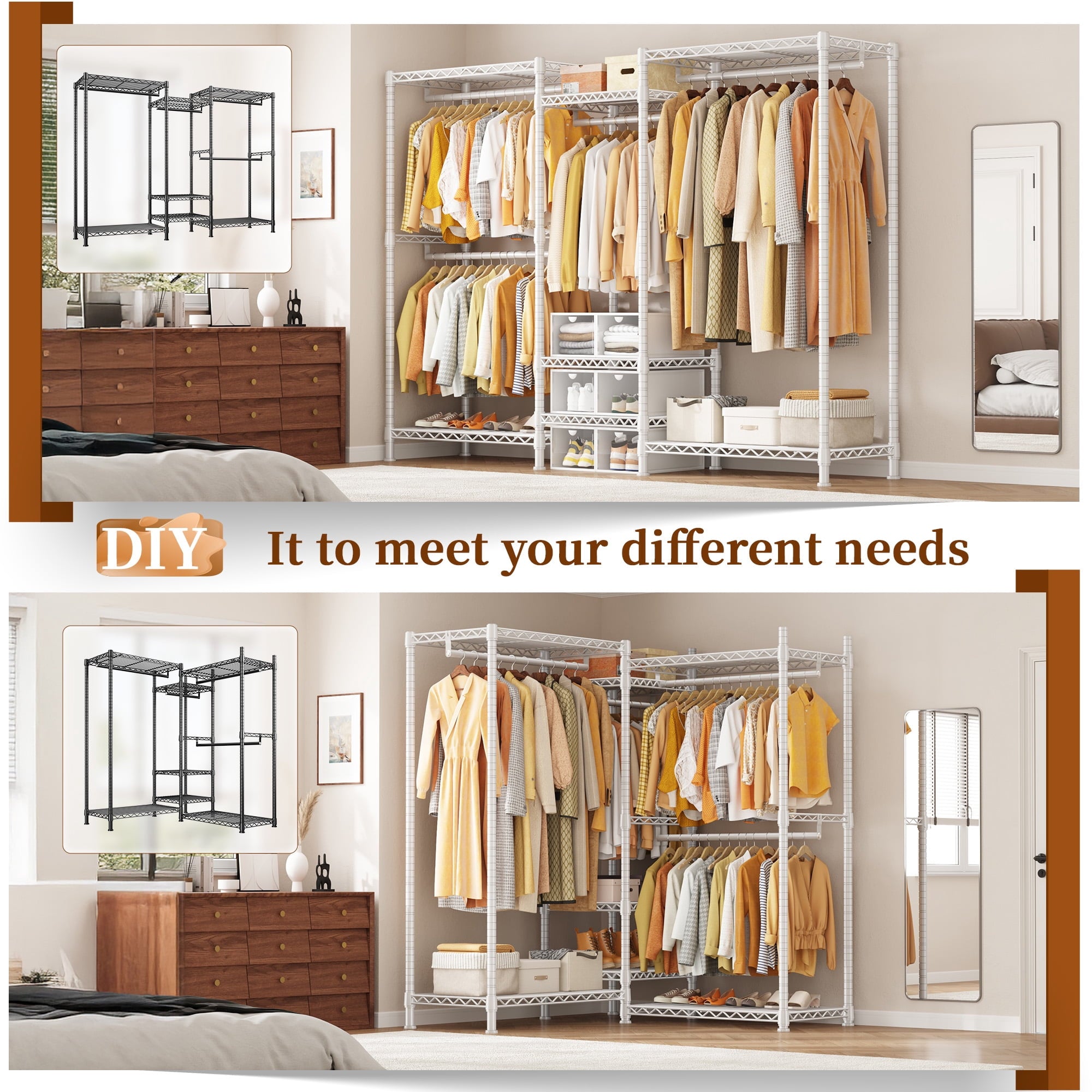 3-Row Closet Organizer System,Heavy Duty Freestanding Clothes Rack with 4 Hanging Rods &amp; 7 Shelves,752 LBS Metal Wardrobe Closet Storage for Bedroom Apartment,70.5"W x 77"H x 13.8"D,White
