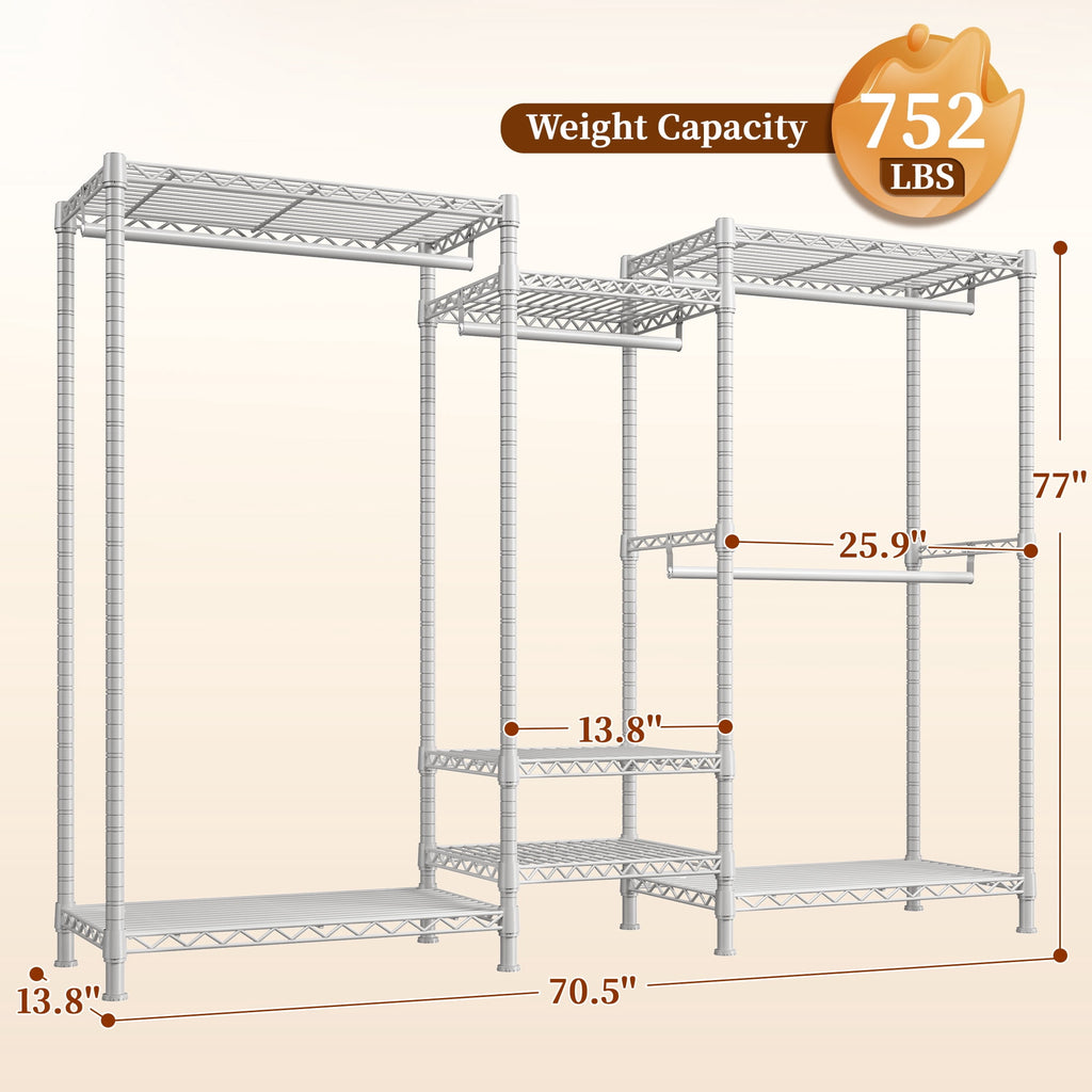 3-Row Closet Organizer System,Heavy Duty Freestanding Clothes Rack with 4 Hanging Rods &amp; 7 Shelves,752 LBS Metal Wardrobe Closet Storage for Bedroom Apartment,70.5"W x 77"H x 13.8"D,White