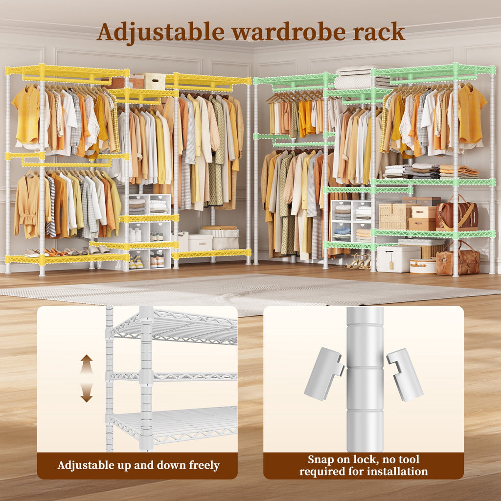 3-Row Closet Organizer System,Heavy Duty Freestanding Clothes Rack with 4 Hanging Rods &amp; 7 Shelves,752 LBS Metal Wardrobe Closet Storage for Bedroom Apartment,70.5"W x 77"H x 13.8"D,White