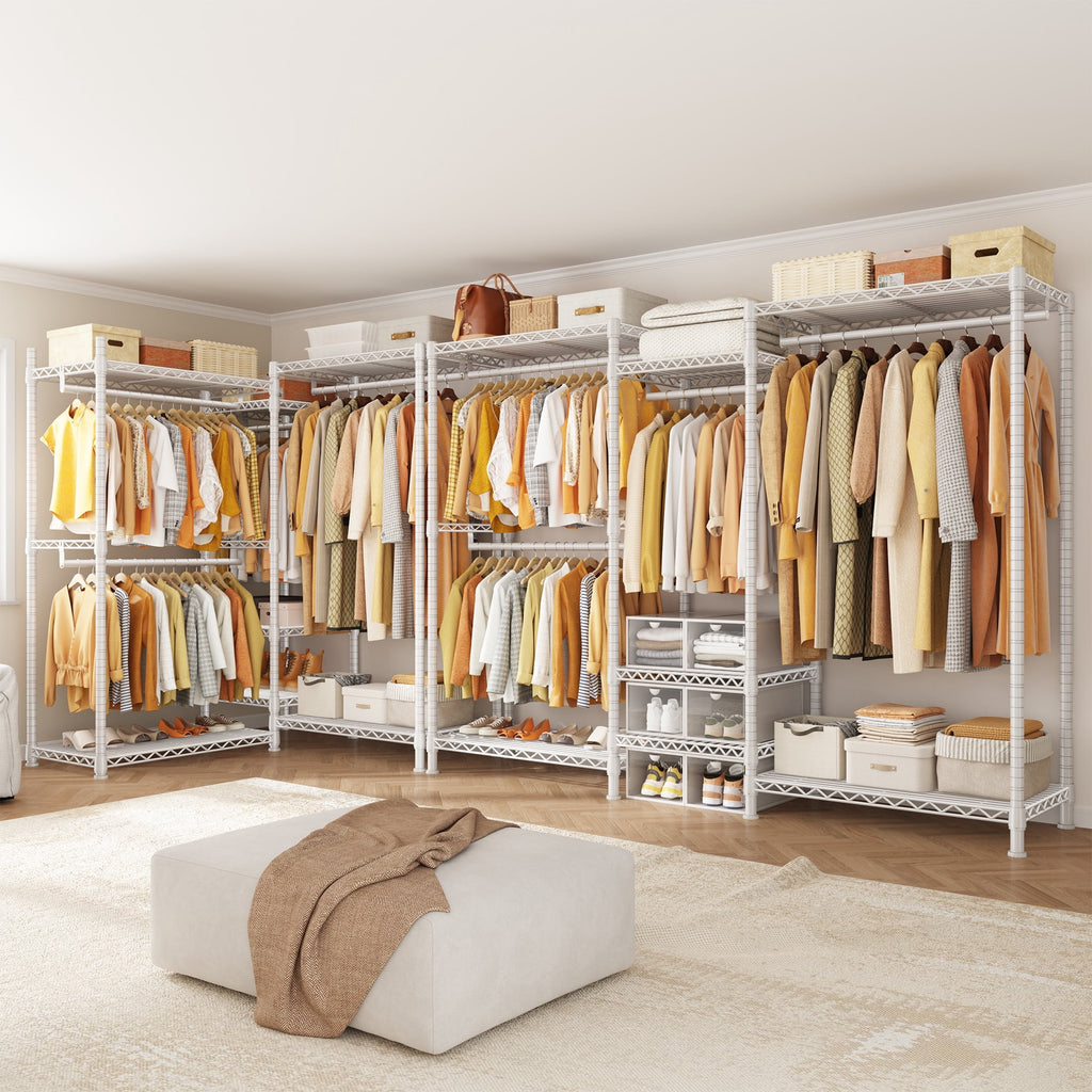 3-Row Closet Organizer System,Heavy Duty Freestanding Clothes Rack with 4 Hanging Rods &amp; 7 Shelves,752 LBS Metal Wardrobe Closet Storage for Bedroom Apartment,70.5"W x 77"H x 13.8"D,White