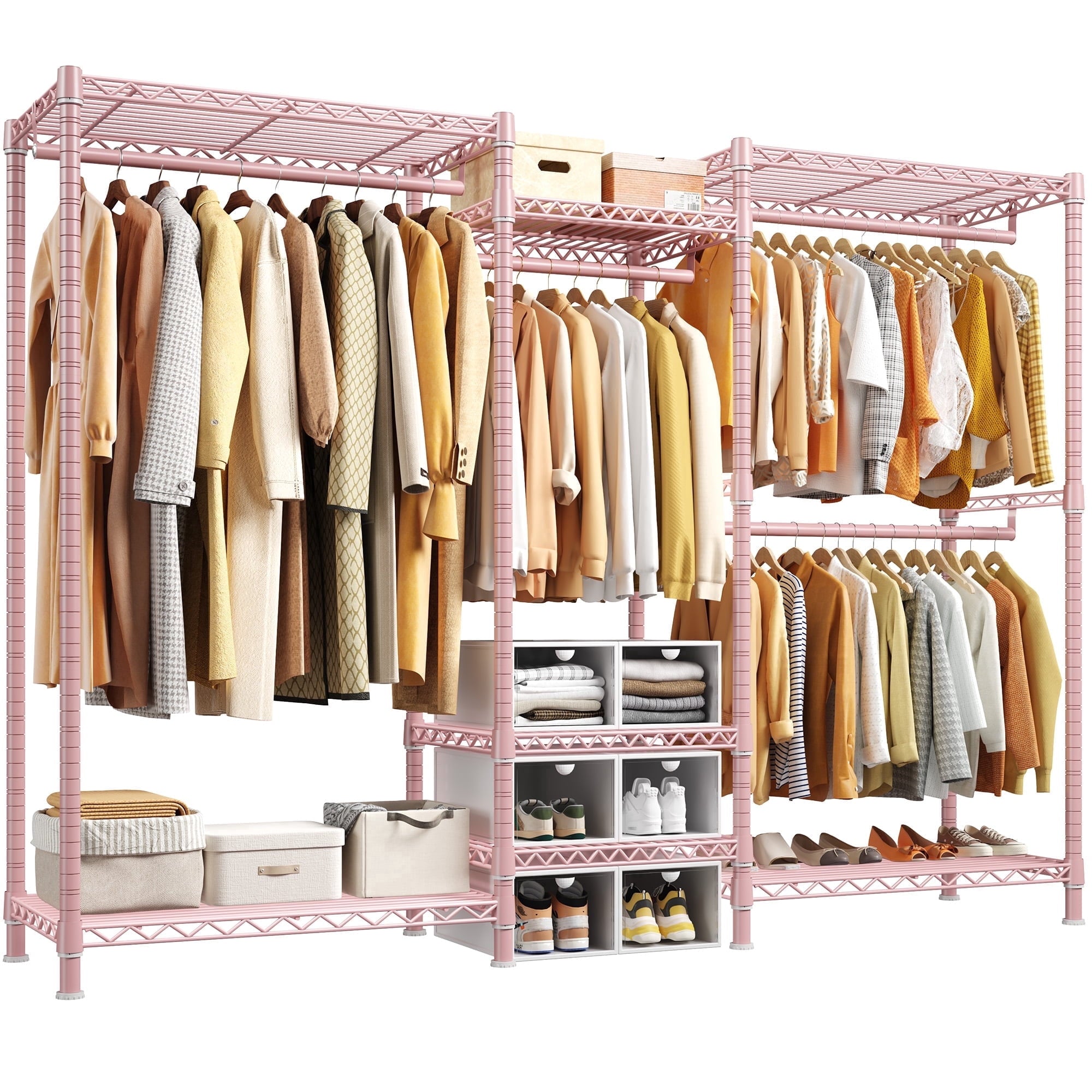 3-Row Closet Organizer System,Heavy Duty Freestanding Clothes Rack with 4 Hanging Rods &amp; 7 Shelves,752 LBS Metal Wardrobe Closet Storage for Bedroom Apartment,70.5"W x 77"H x 13.8"D,White