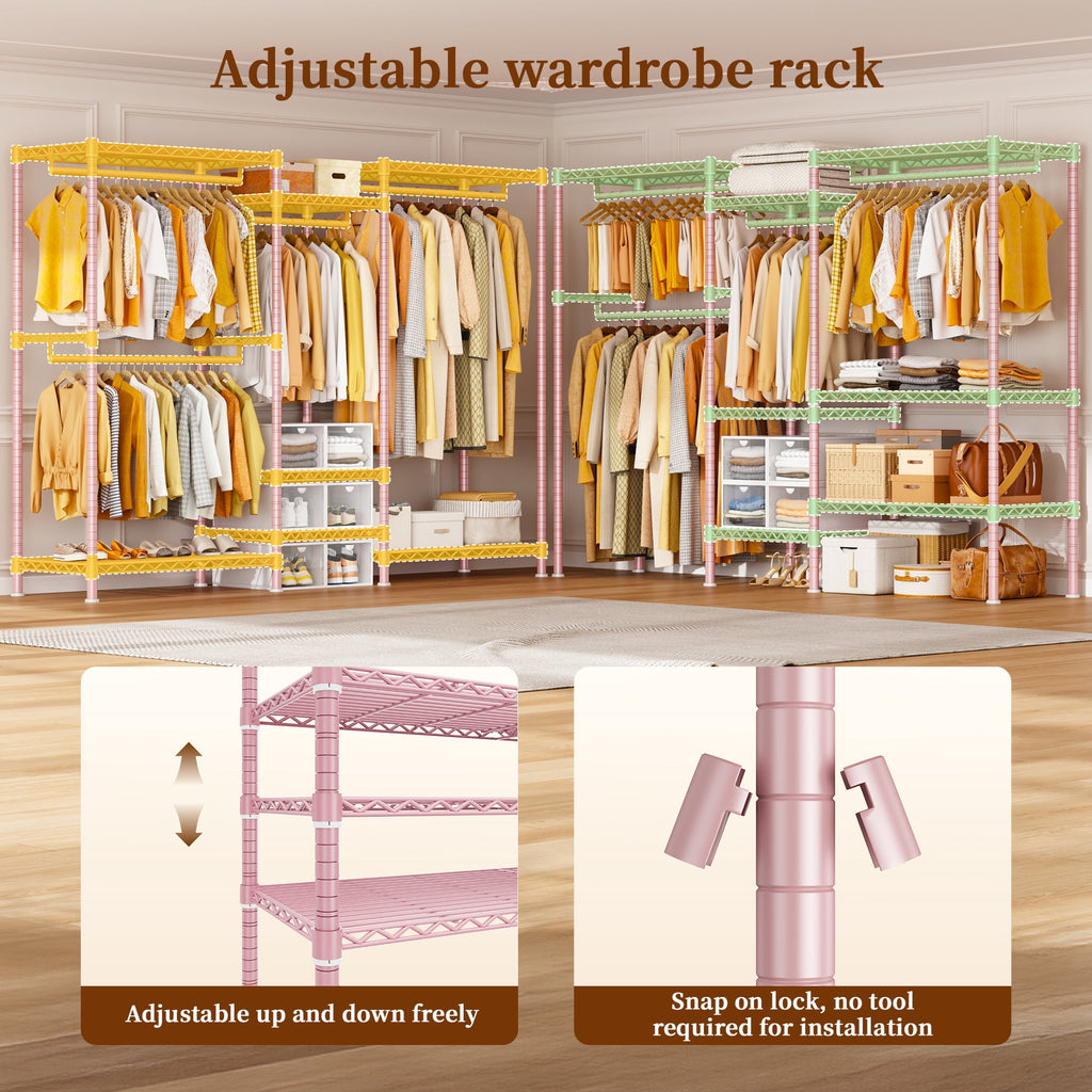 3-Row Closet Organizer System,Heavy Duty Freestanding Clothes Rack with 4 Hanging Rods &amp; 7 Shelves,752 LBS Metal Wardrobe Closet Storage for Bedroom Apartment,70.5"W x 77"H x 13.8"D,White