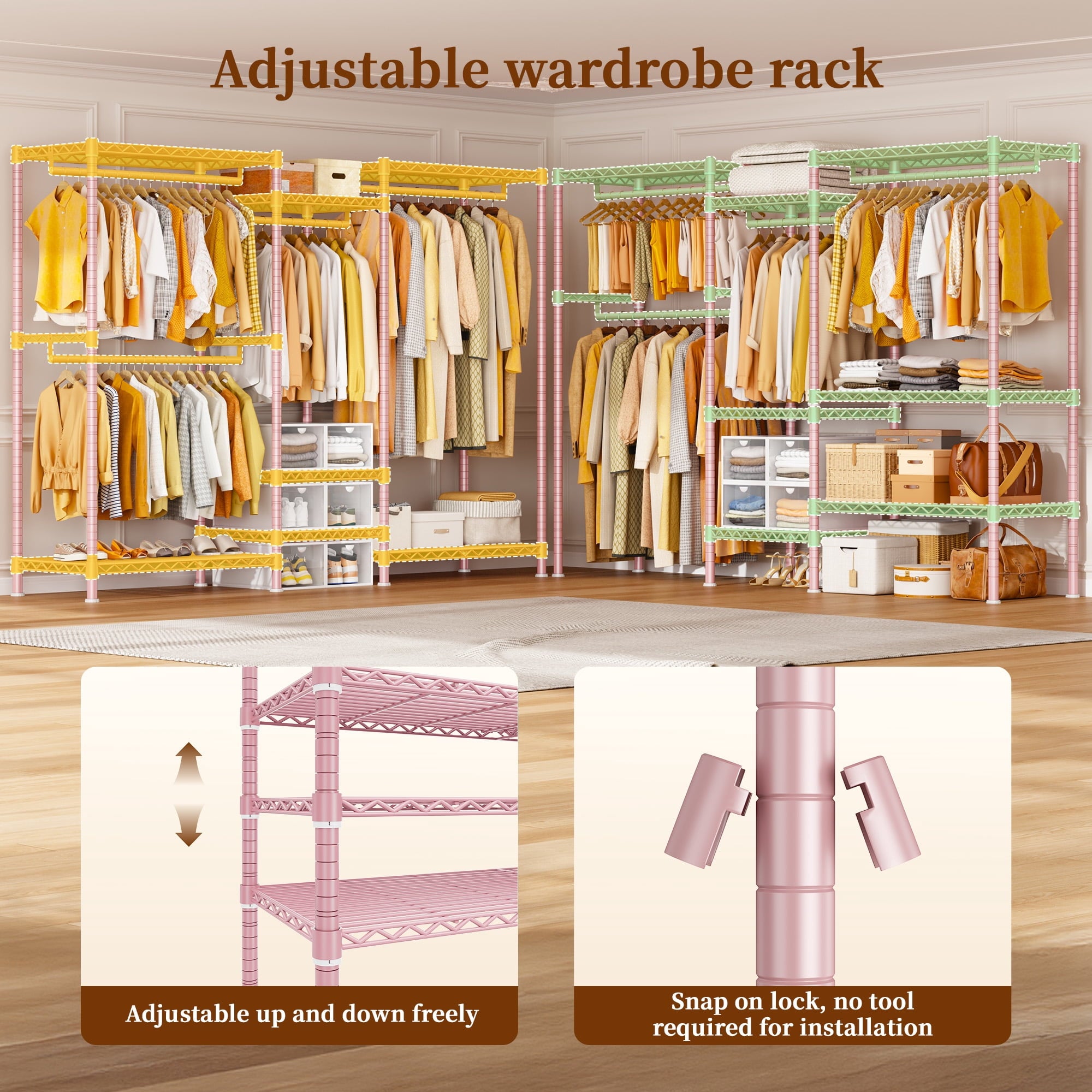 3-Row Closet Organizer System,Heavy Duty Freestanding Clothes Rack with 4 Hanging Rods &amp; 7 Shelves,752 LBS Metal Wardrobe Closet Storage for Bedroom Apartment,70.5"W x 77"H x 13.8"D,White