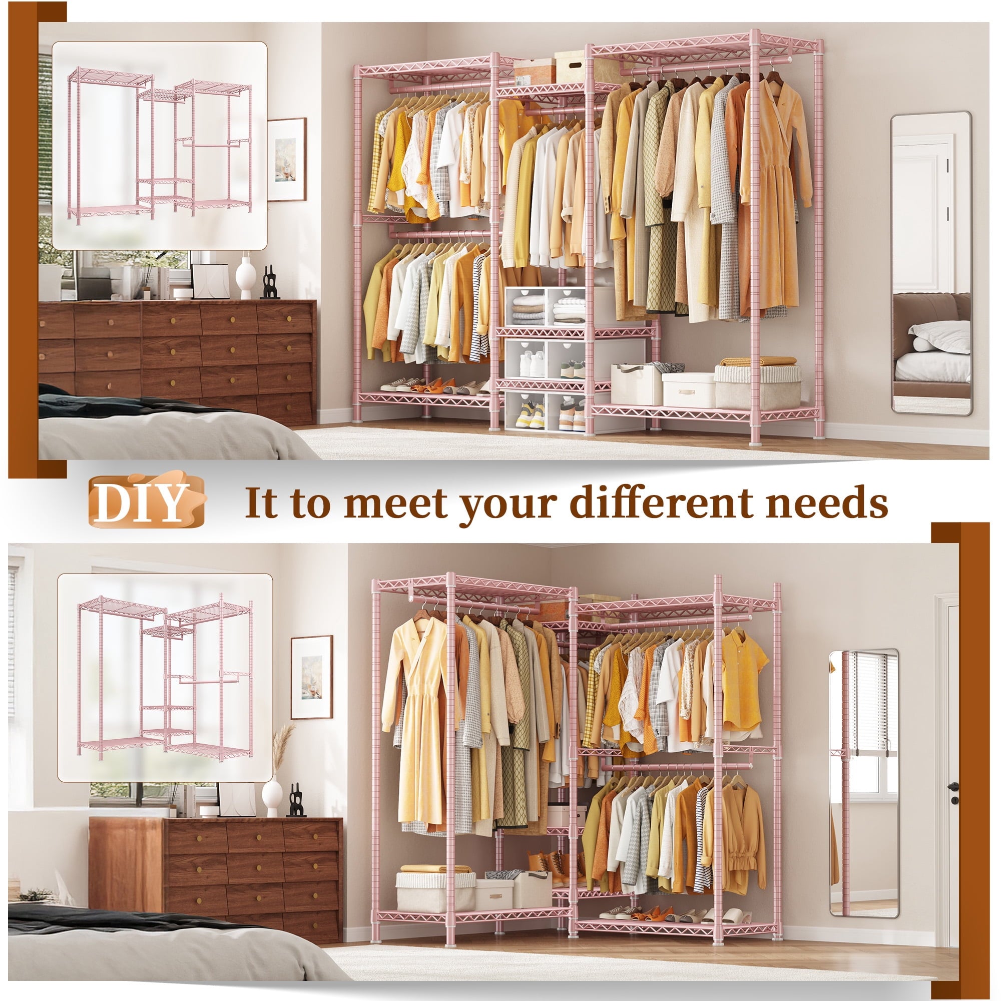 3-Row Closet Organizer System,Heavy Duty Freestanding Clothes Rack with 4 Hanging Rods &amp; 7 Shelves,752 LBS Metal Wardrobe Closet Storage for Bedroom Apartment,70.5"W x 77"H x 13.8"D,White