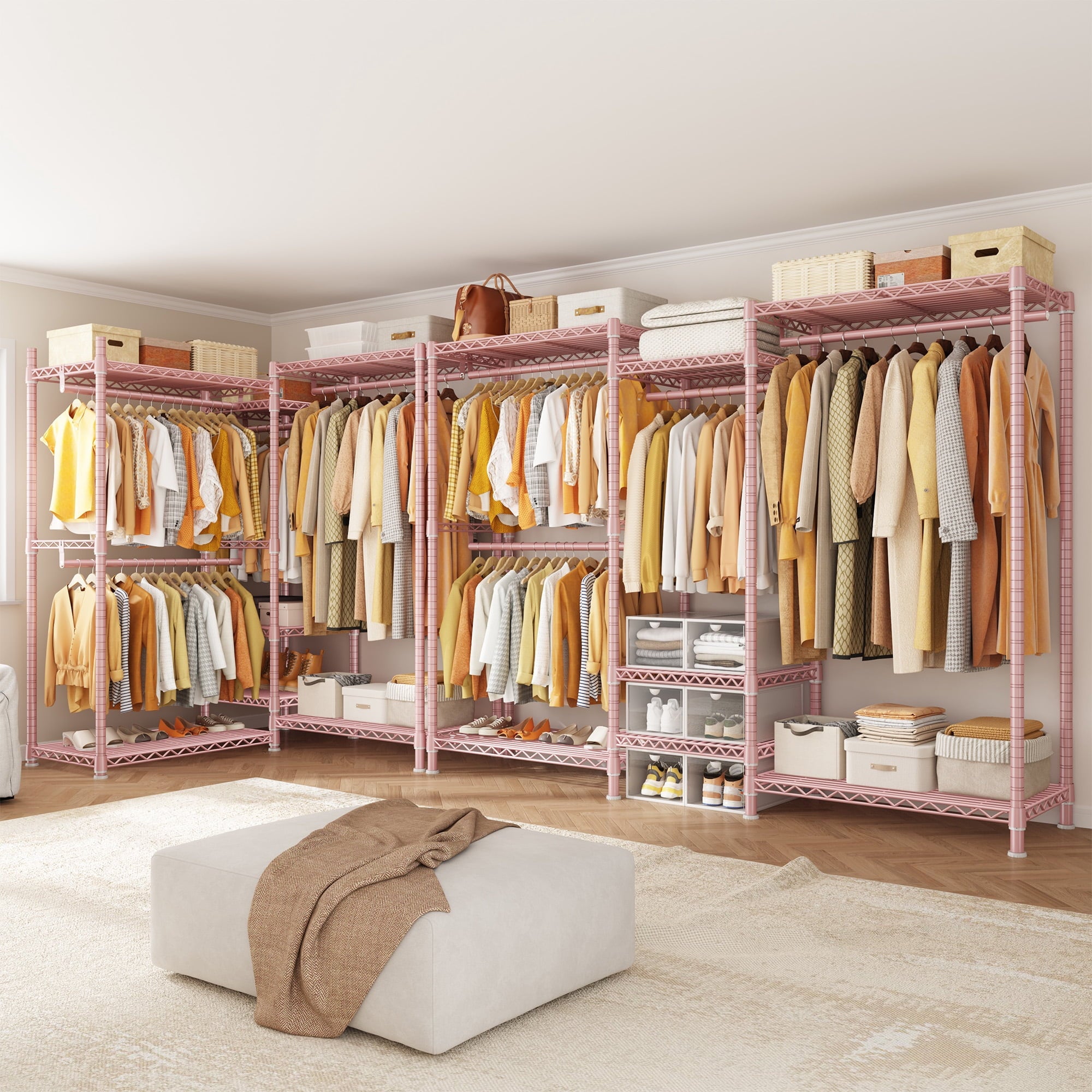 3-Row Closet Organizer System,Heavy Duty Freestanding Clothes Rack with 4 Hanging Rods &amp; 7 Shelves,752 LBS Metal Wardrobe Closet Storage for Bedroom Apartment,70.5"W x 77"H x 13.8"D,White