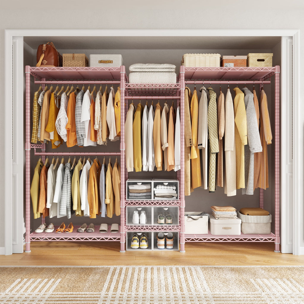 3-Row Closet Organizer System,Heavy Duty Freestanding Clothes Rack with 4 Hanging Rods &amp; 7 Shelves,752 LBS Metal Wardrobe Closet Storage for Bedroom Apartment,70.5"W x 77"H x 13.8"D,White