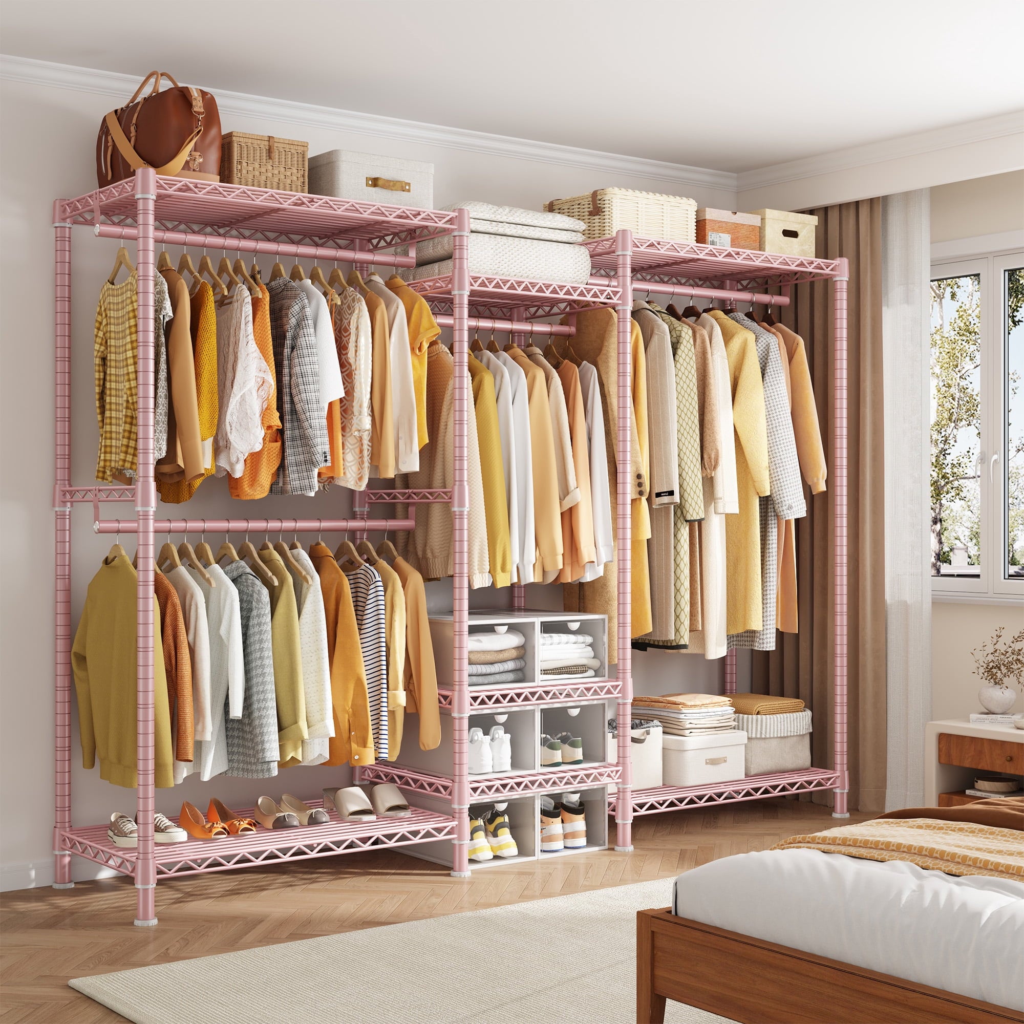 3-Row Closet Organizer System,Heavy Duty Freestanding Clothes Rack with 4 Hanging Rods &amp; 7 Shelves,752 LBS Metal Wardrobe Closet Storage for Bedroom Apartment,70.5"W x 77"H x 13.8"D,White
