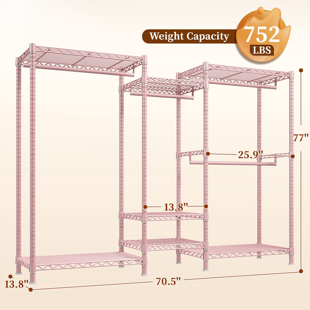 3-Row Closet Organizer System,Heavy Duty Freestanding Clothes Rack with 4 Hanging Rods &amp; 7 Shelves,752 LBS Metal Wardrobe Closet Storage for Bedroom Apartment,70.5"W x 77"H x 13.8"D,White