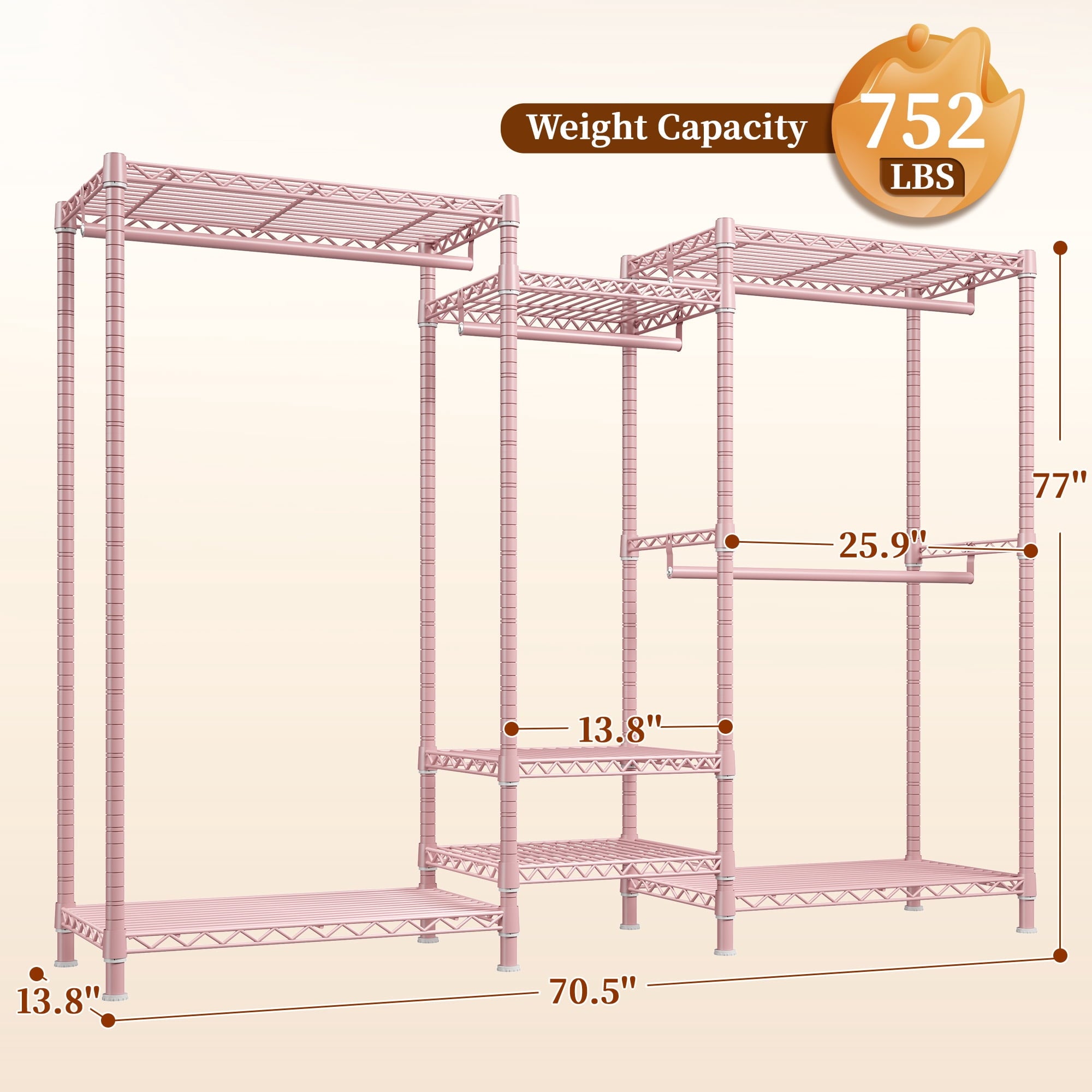 3-Row Closet Organizer System,Heavy Duty Freestanding Clothes Rack with 4 Hanging Rods &amp; 7 Shelves,752 LBS Metal Wardrobe Closet Storage for Bedroom Apartment,70.5"W x 77"H x 13.8"D,White