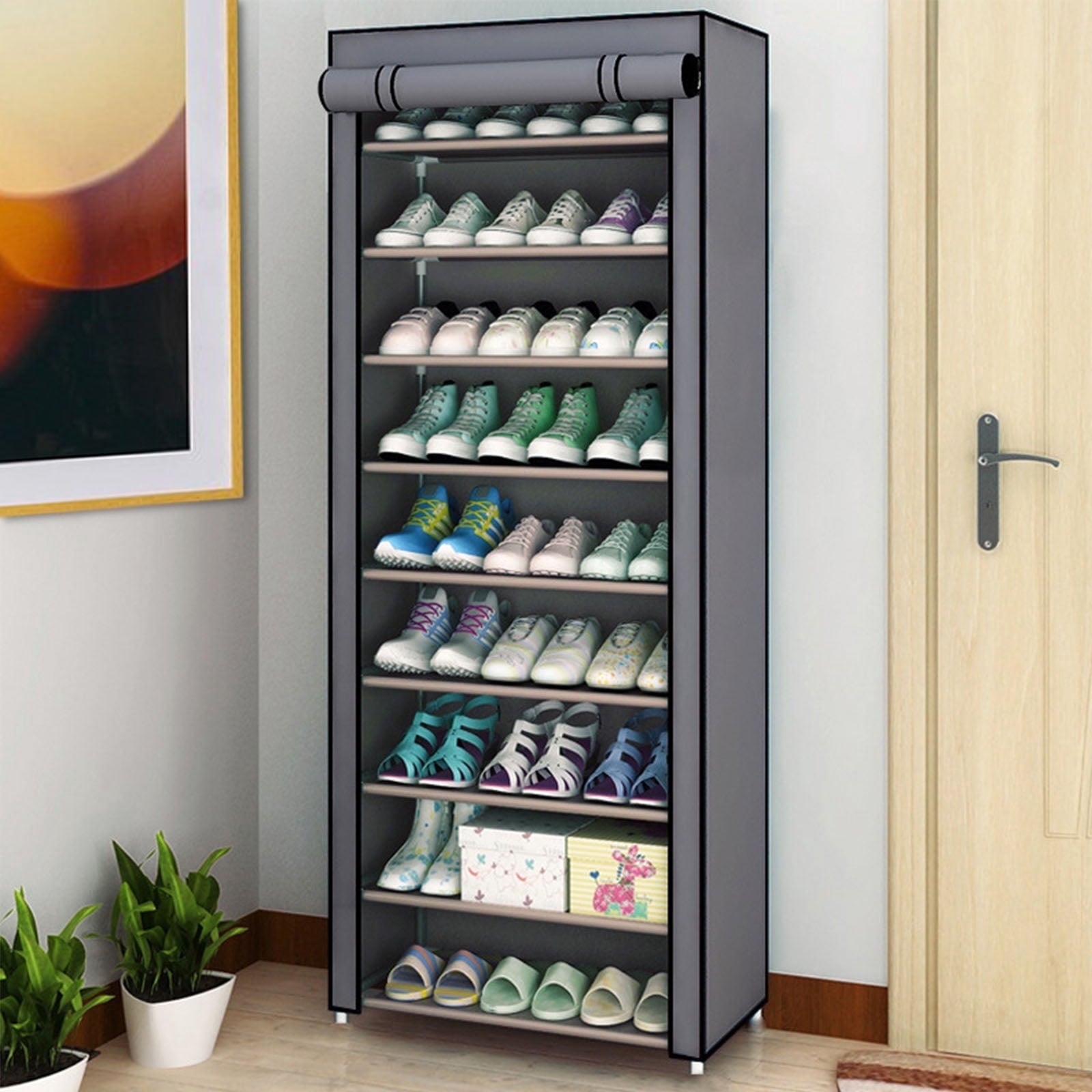 Dustproof Gray Shoe Rack with Detachable Cover, Closet Fit Sturdy Frame Easy Assembly, 10 Tiers Shoe Storage Organizer for Entryway Bedroom