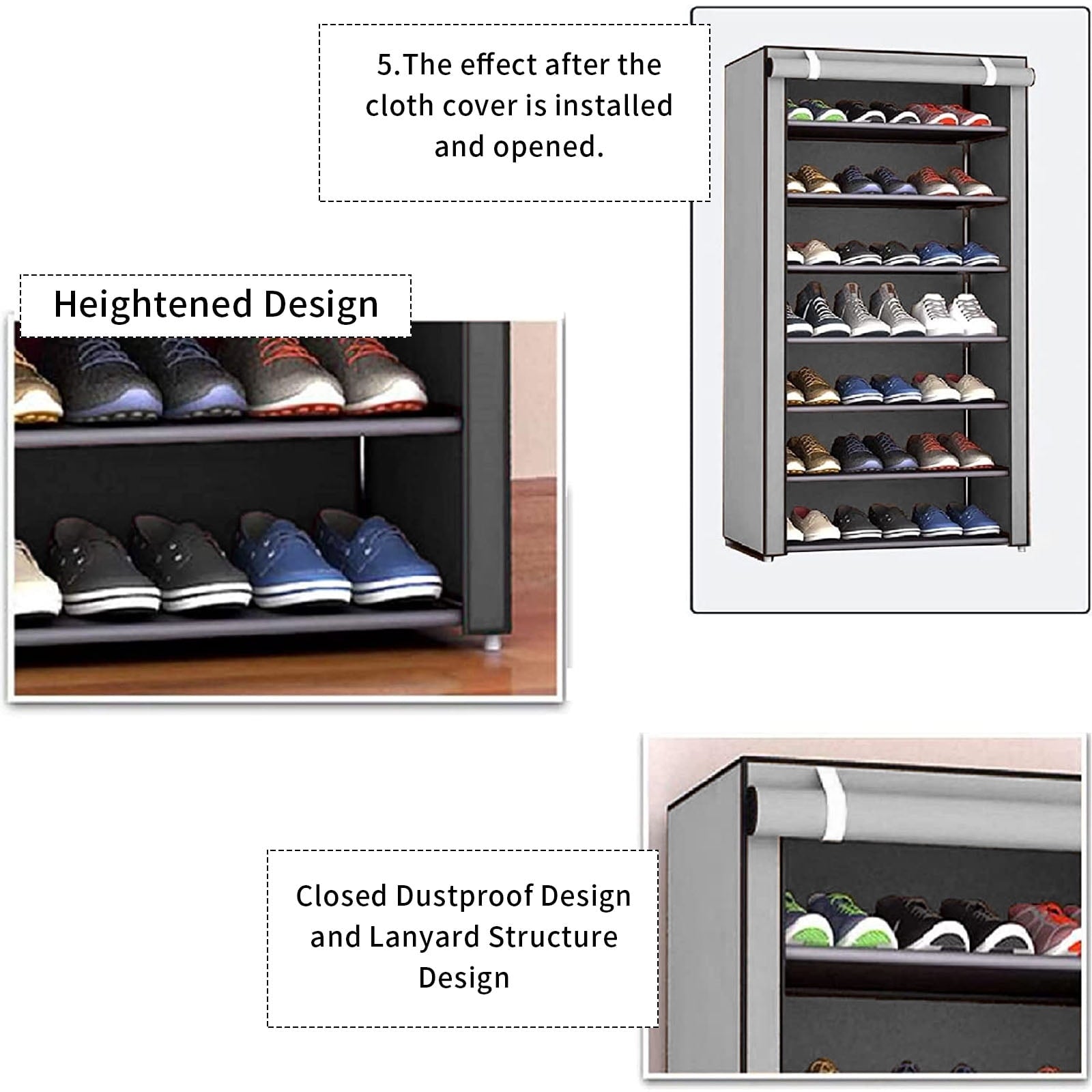 Dustproof Gray Shoe Rack with Detachable Cover, Closet Fit Sturdy Frame Easy Assembly, 10 Tiers Shoe Storage Organizer for Entryway Bedroom
