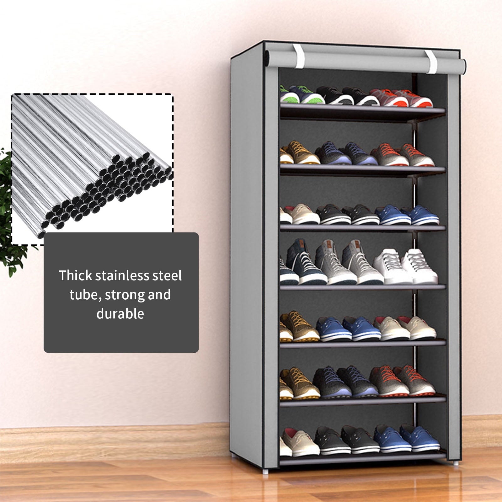 Dustproof Gray Shoe Rack with Detachable Cover, Closet Fit Sturdy Frame Easy Assembly, 10 Tiers Shoe Storage Organizer for Entryway Bedroom