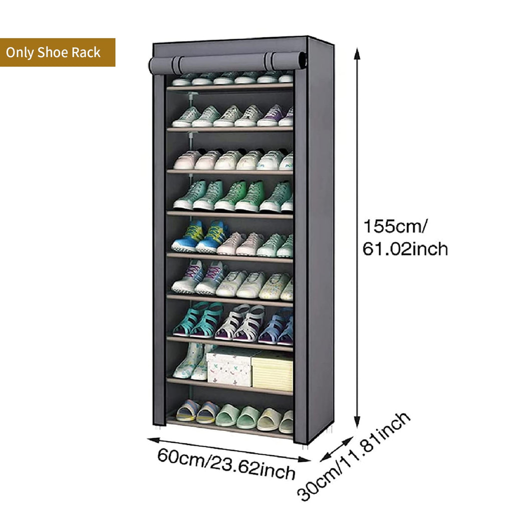 Dustproof Gray Shoe Rack with Detachable Cover, Closet Fit Sturdy Frame Easy Assembly, 10 Tiers Shoe Storage Organizer for Entryway Bedroom