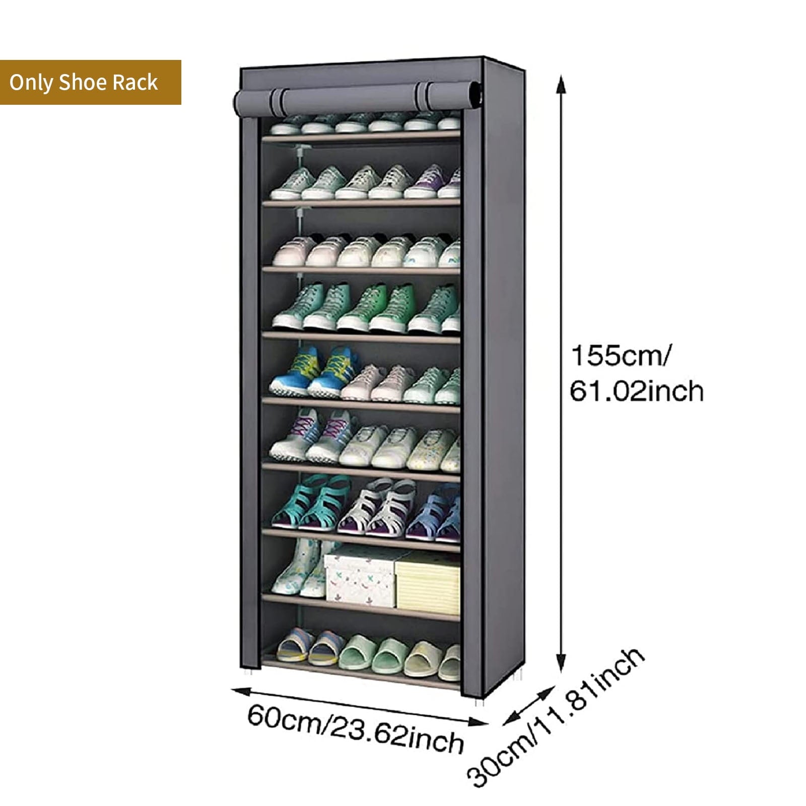 Dustproof Gray Shoe Rack with Detachable Cover, Closet Fit Sturdy Frame Easy Assembly, 10 Tiers Shoe Storage Organizer for Entryway Bedroom