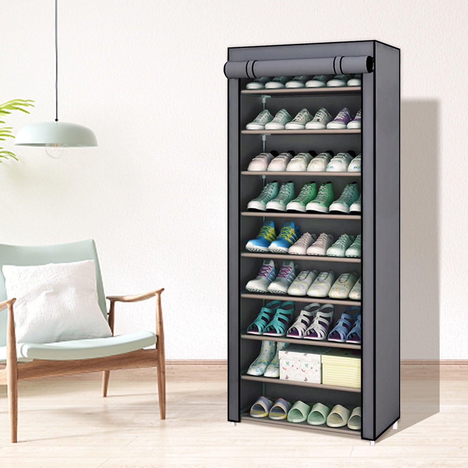 Dustproof Gray Shoe Rack with Detachable Cover, Closet Fit Sturdy Frame Easy Assembly, 10 Tiers Shoe Storage Organizer for Entryway Bedroom