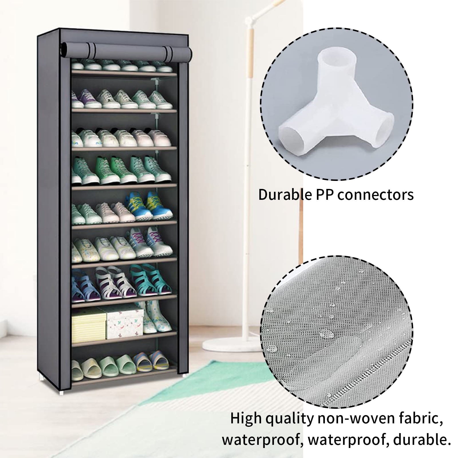 Dustproof Gray Shoe Rack with Detachable Cover, Closet Fit Sturdy Frame Easy Assembly, 10 Tiers Shoe Storage Organizer for Entryway Bedroom