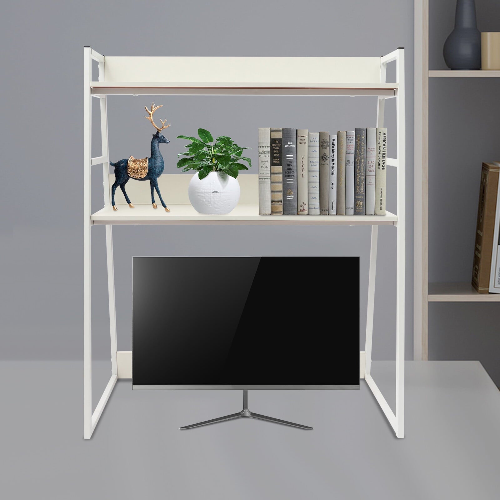 29.5*12.6 Freestanding White Desktop Bookshelf Multipurpose Desktop Hutch Countertop Hutch Bookshelf
