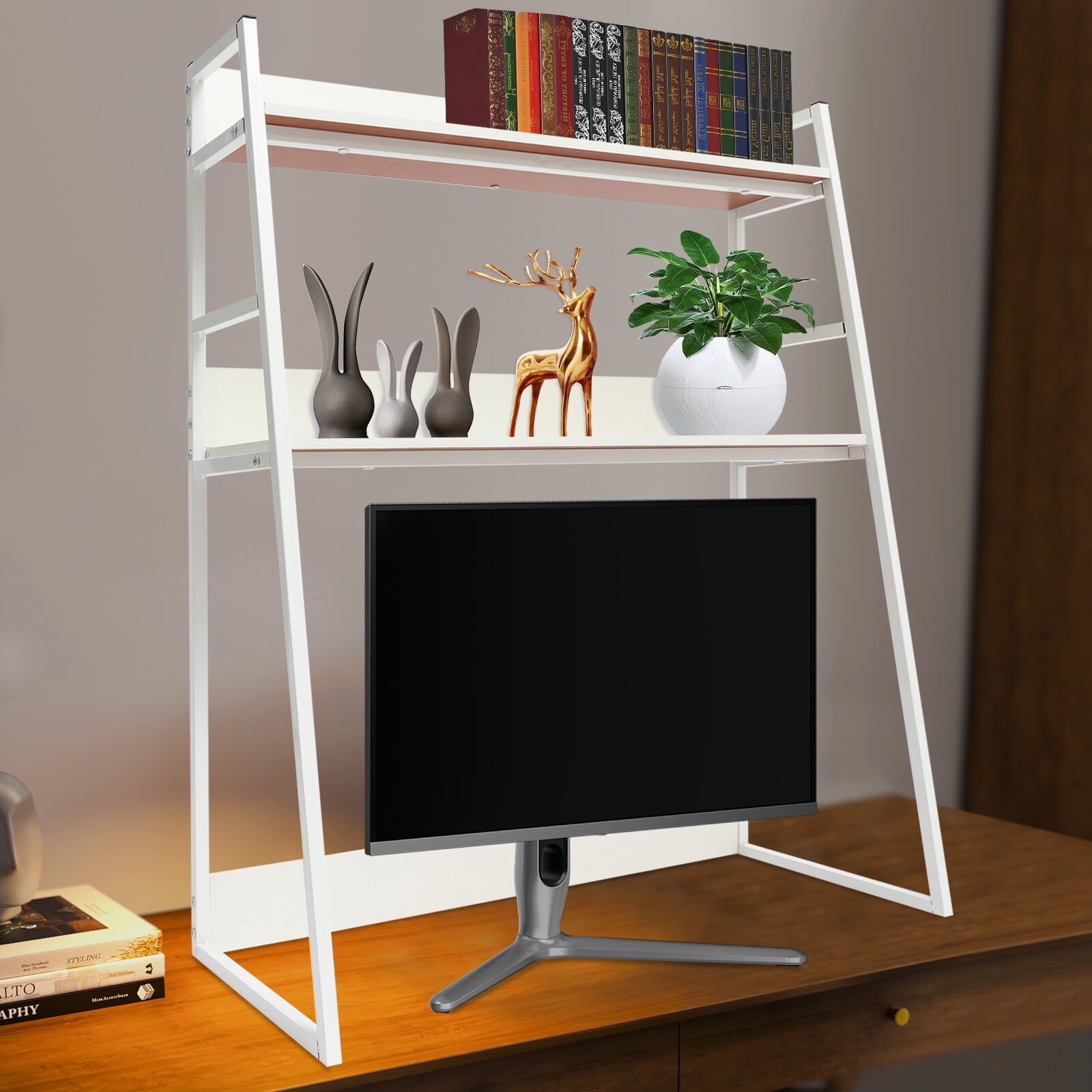 29.5*12.6 Freestanding White Desktop Bookshelf Multipurpose Desktop Hutch Countertop Hutch Bookshelf