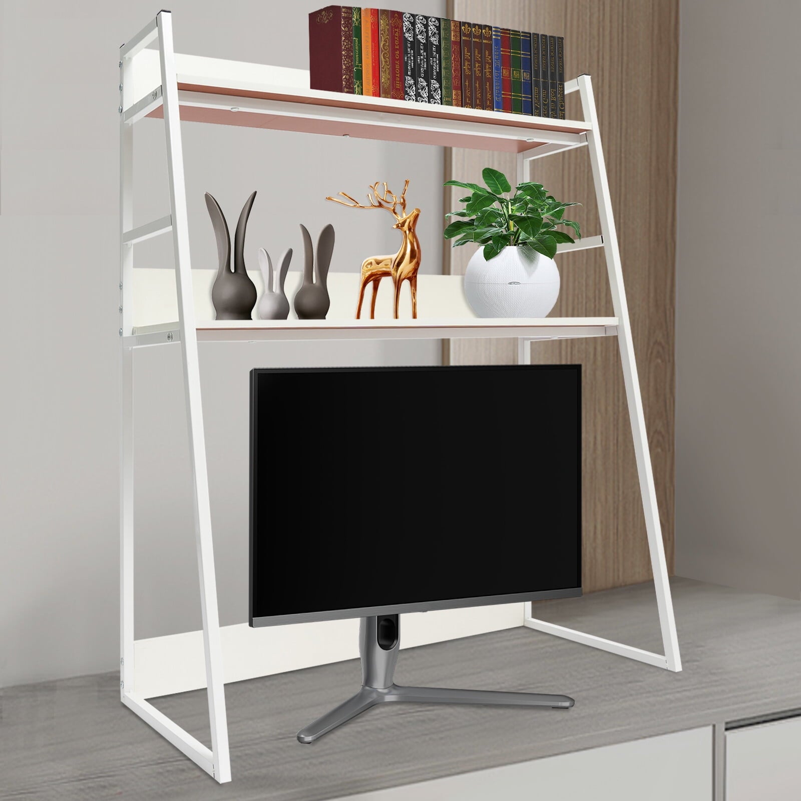 29.5*12.6 Freestanding White Desktop Bookshelf Multipurpose Desktop Hutch Countertop Hutch Bookshelf