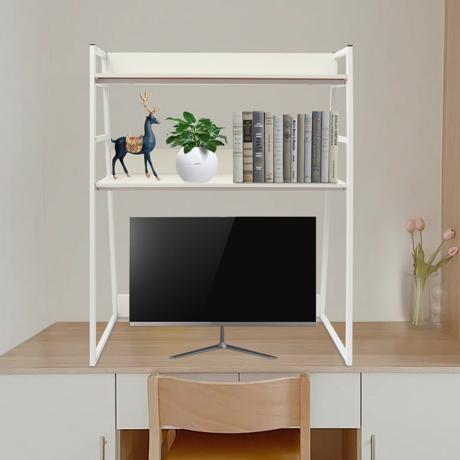 29.5*12.6 Freestanding White Desktop Bookshelf Multipurpose Desktop Hutch Countertop Hutch Bookshelf
