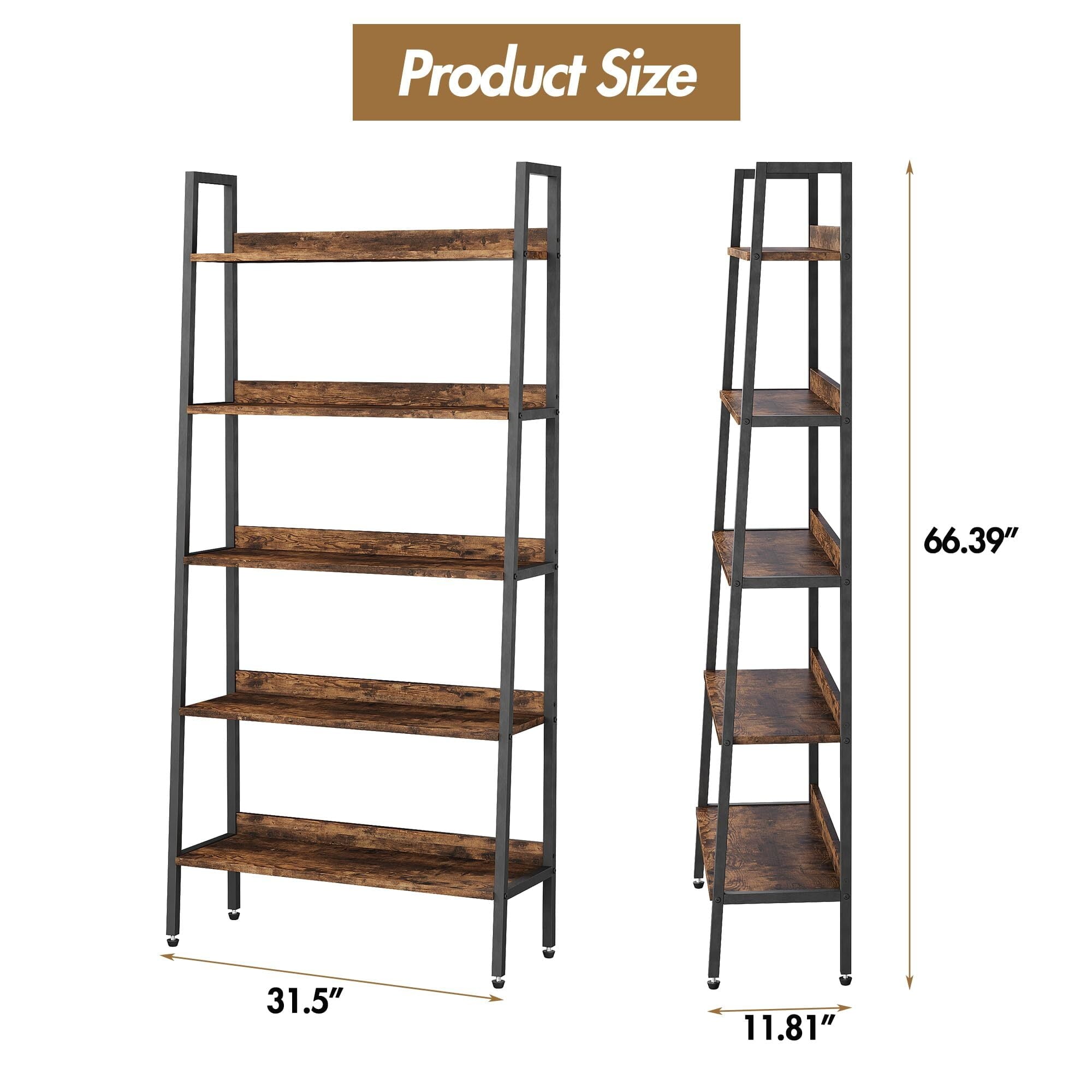 5 Tiers Bookshelf, 67" Tall Classical Modern Bookcase, Tall Display Shelves in Living Room/Home/Office, Industrial Metal Frame Book Storage Organizer for CDs/Books/Movies, Rustic Brown
