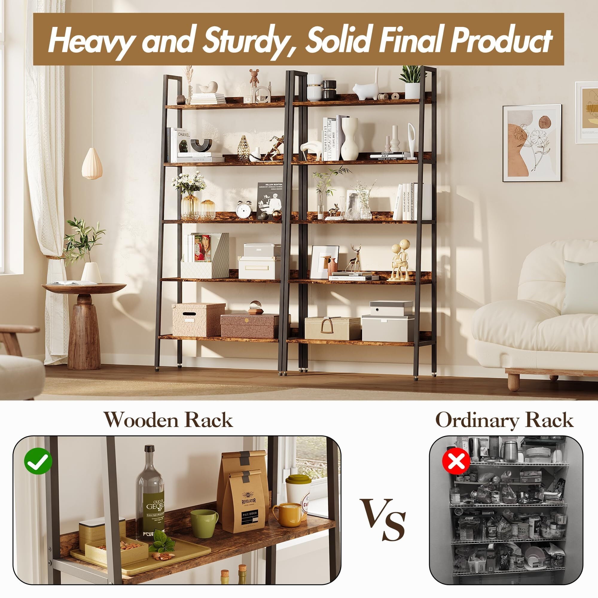 5 Tiers Bookshelf, 67" Tall Classical Modern Bookcase, Tall Display Shelves in Living Room/Home/Office, Industrial Metal Frame Book Storage Organizer for CDs/Books/Movies, Rustic Brown