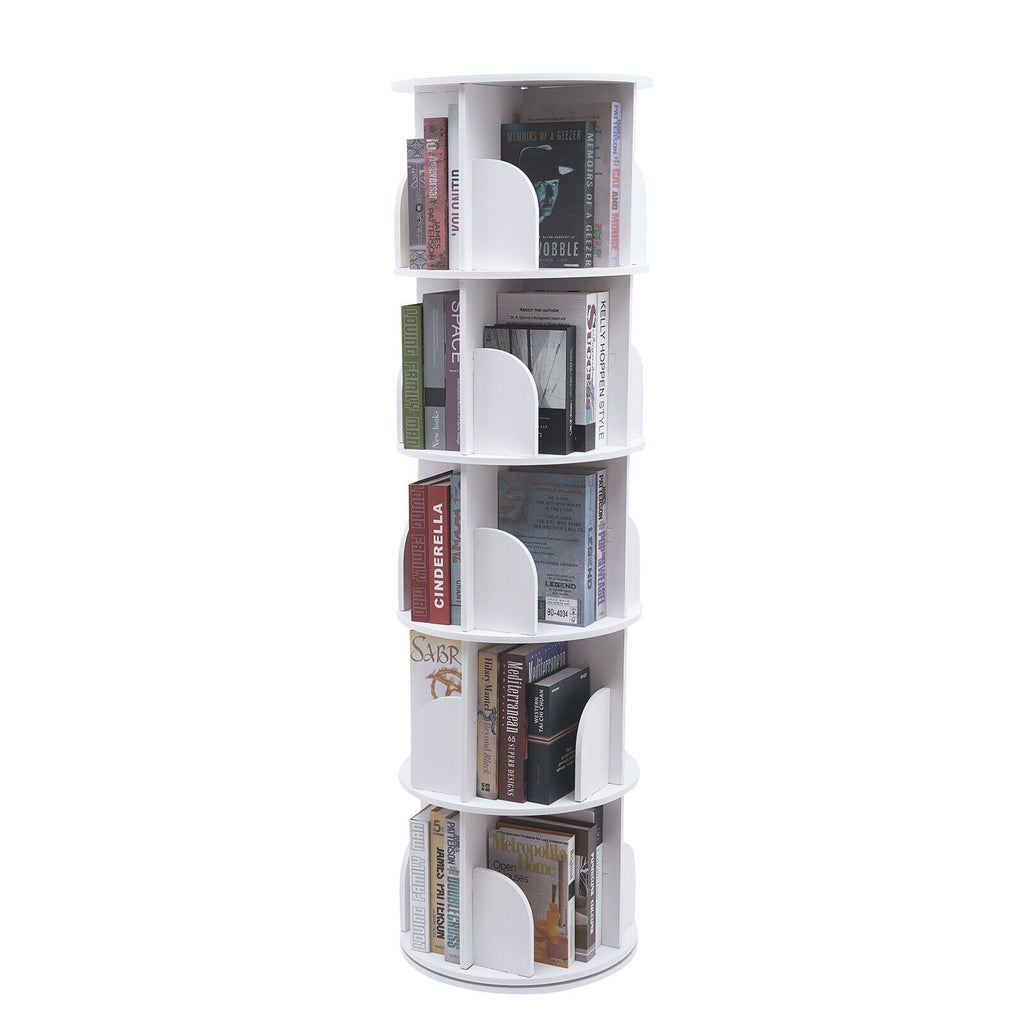 5 Tier Rotating Bookshelf, Indoor White Stackable Bookcase Storage Shelf Round Freestanding Display Rack Revolving Bookcase