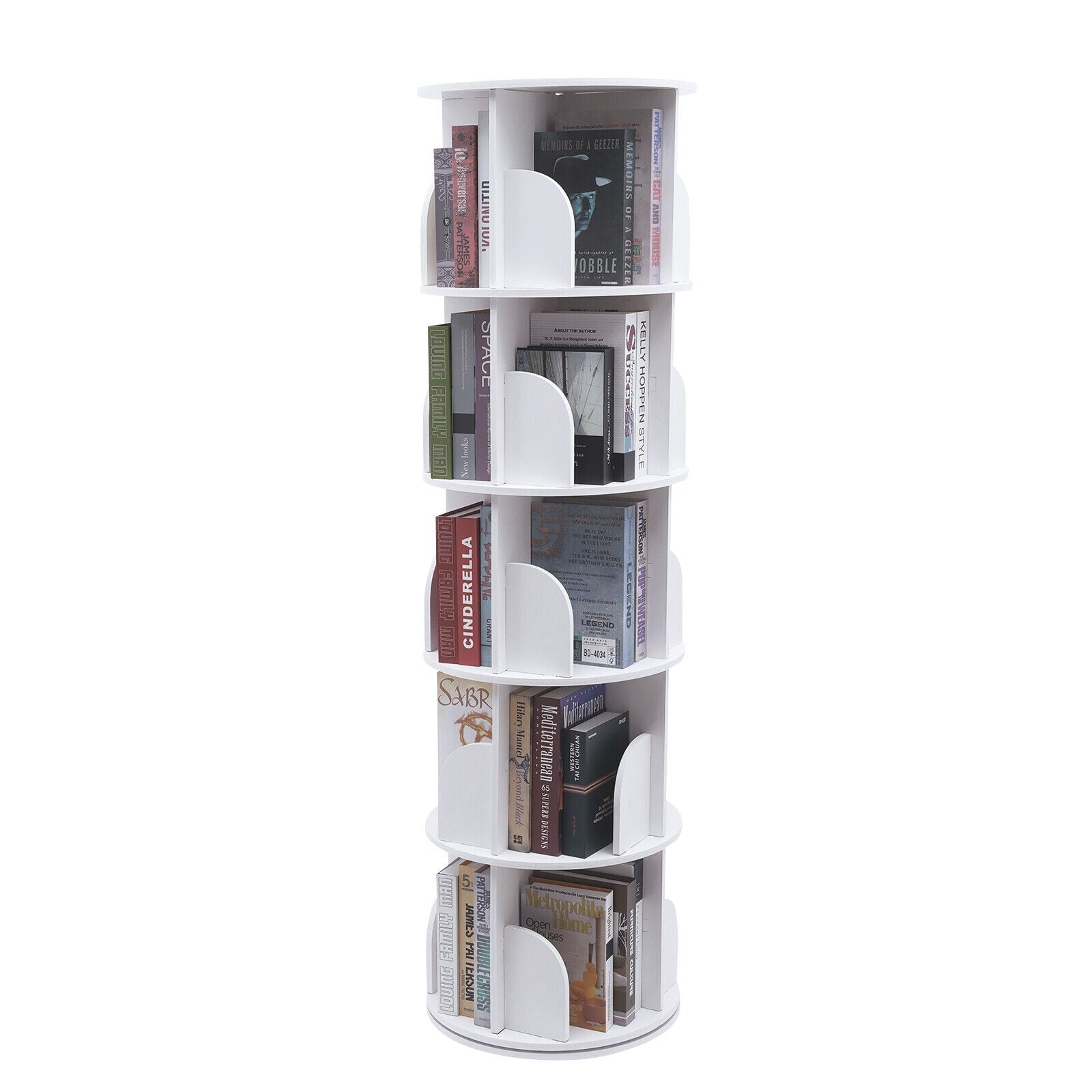 5 Tier Rotating Bookshelf, Indoor White Stackable Bookcase Storage Shelf Round Freestanding Display Rack Revolving Bookcase