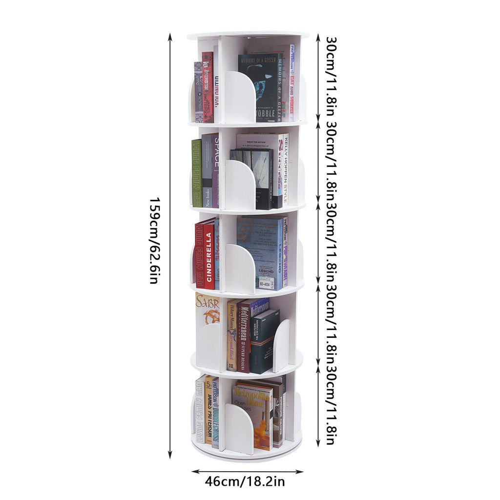 5 Tier Rotating Bookshelf, Indoor White Stackable Bookcase Storage Shelf Round Freestanding Display Rack Revolving Bookcase