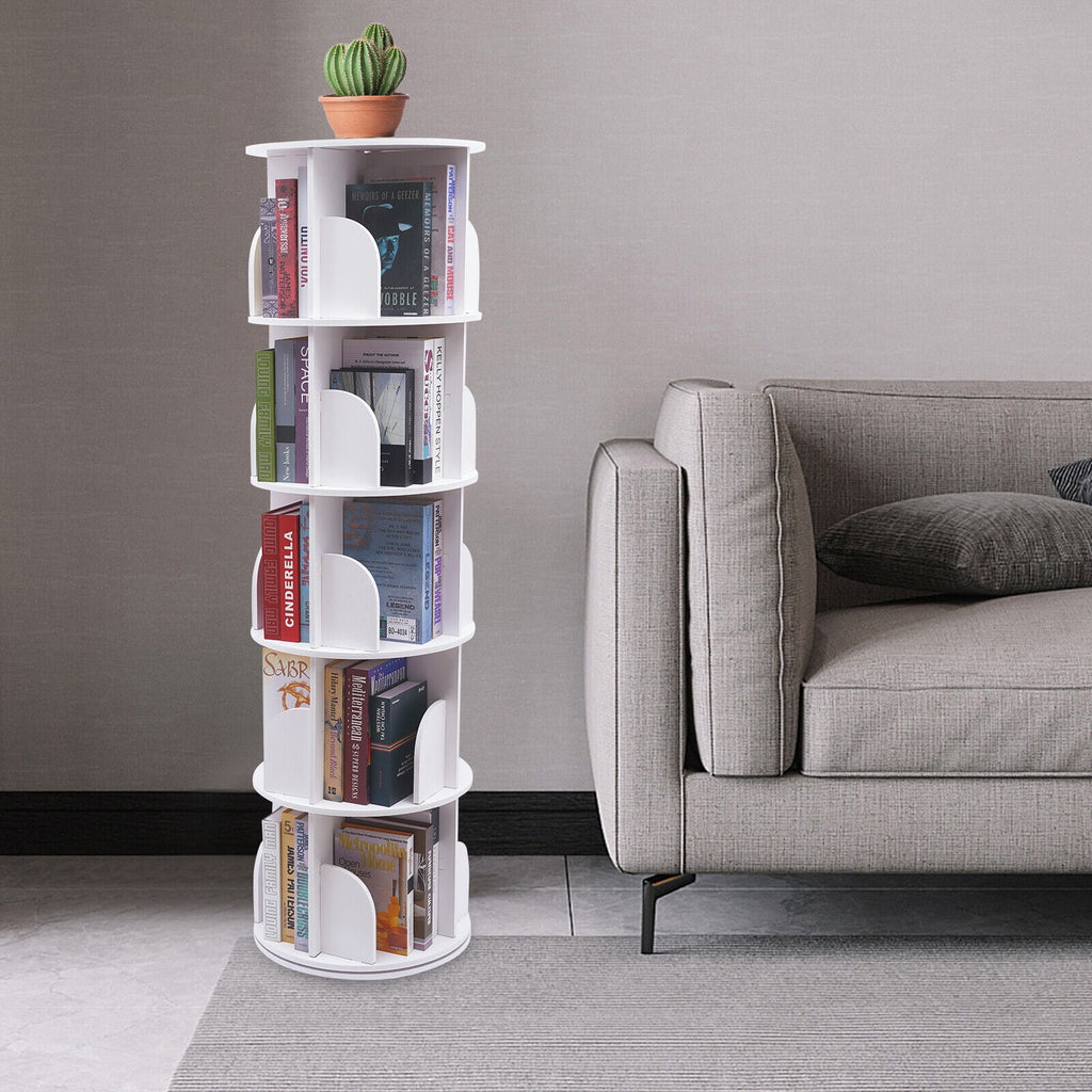 5 Tier Rotating Bookshelf, Indoor White Stackable Bookcase Storage Shelf Round Freestanding Display Rack Revolving Bookcase