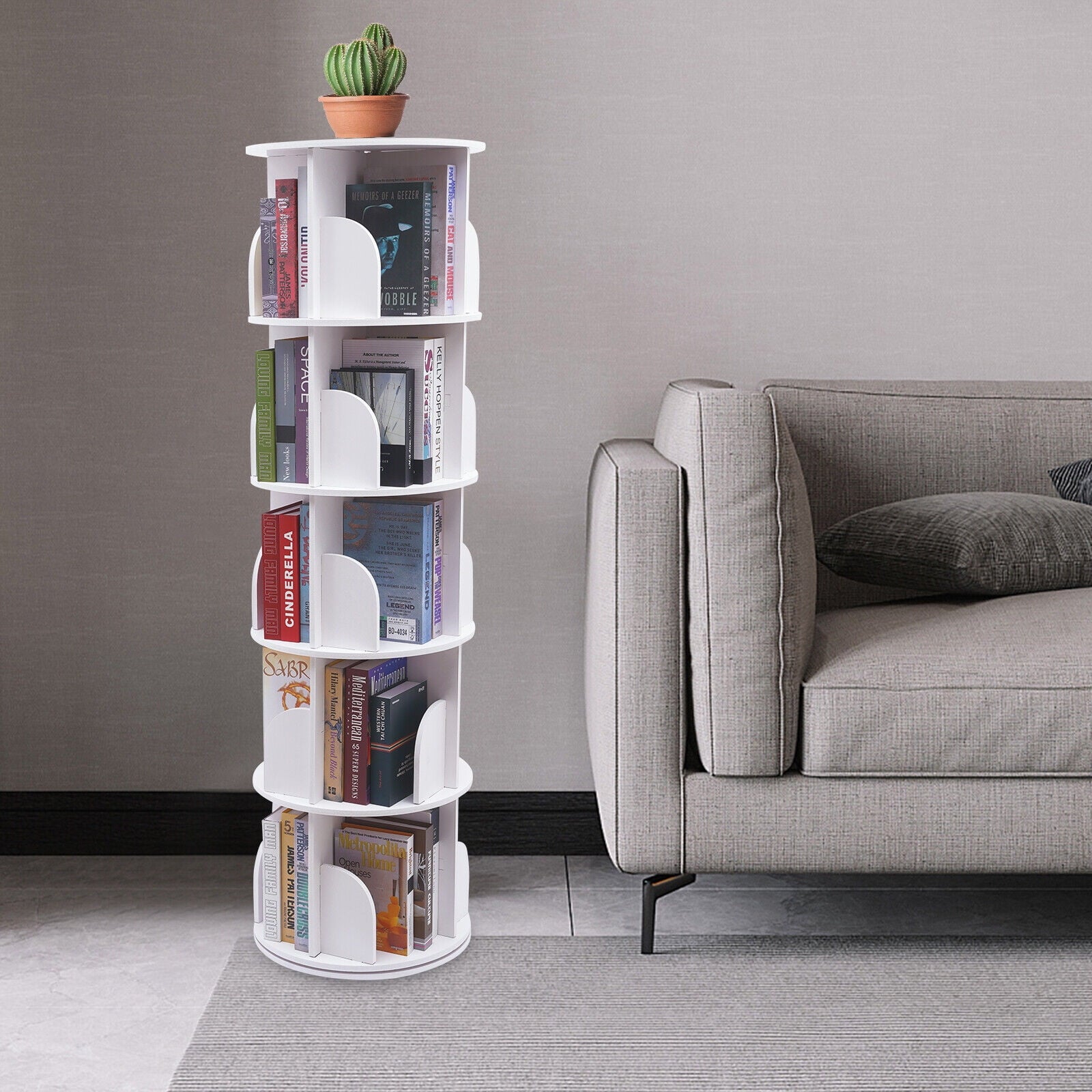 5 Tier Rotating Bookshelf, Indoor White Stackable Bookcase Storage Shelf Round Freestanding Display Rack Revolving Bookcase