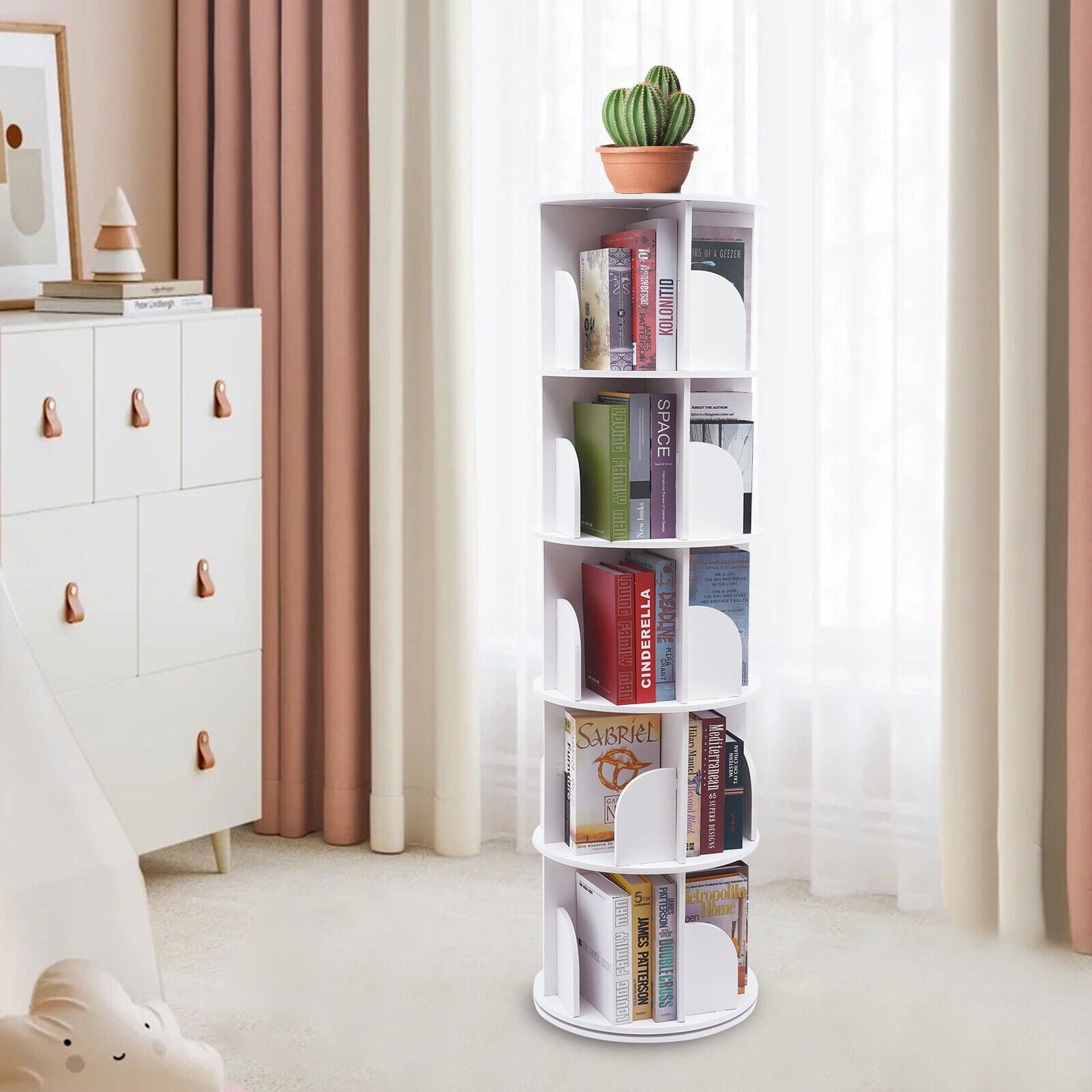 5 Tier Rotating Bookshelf, Indoor White Stackable Bookcase Storage Shelf Round Freestanding Display Rack Revolving Bookcase