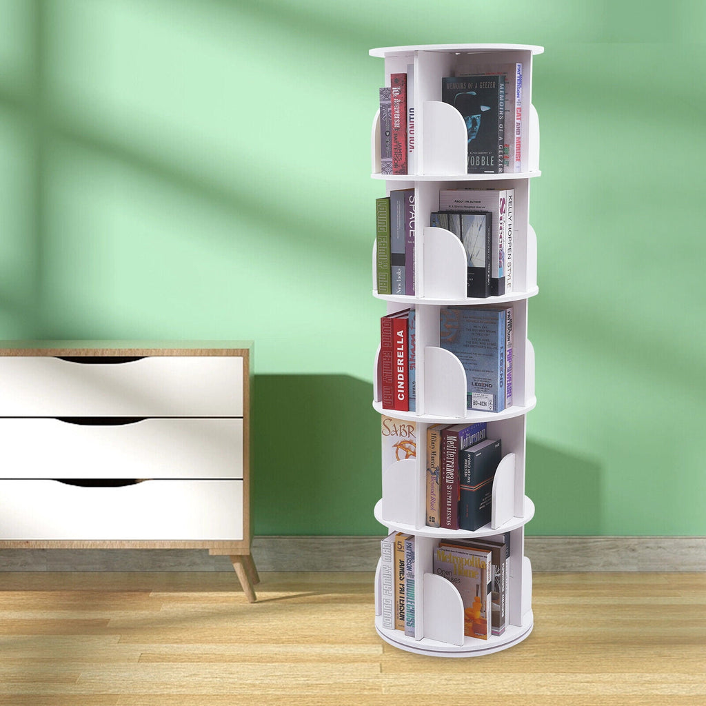 5 Tier Rotating Bookshelf, Indoor White Stackable Bookcase Storage Shelf Round Freestanding Display Rack Revolving Bookcase