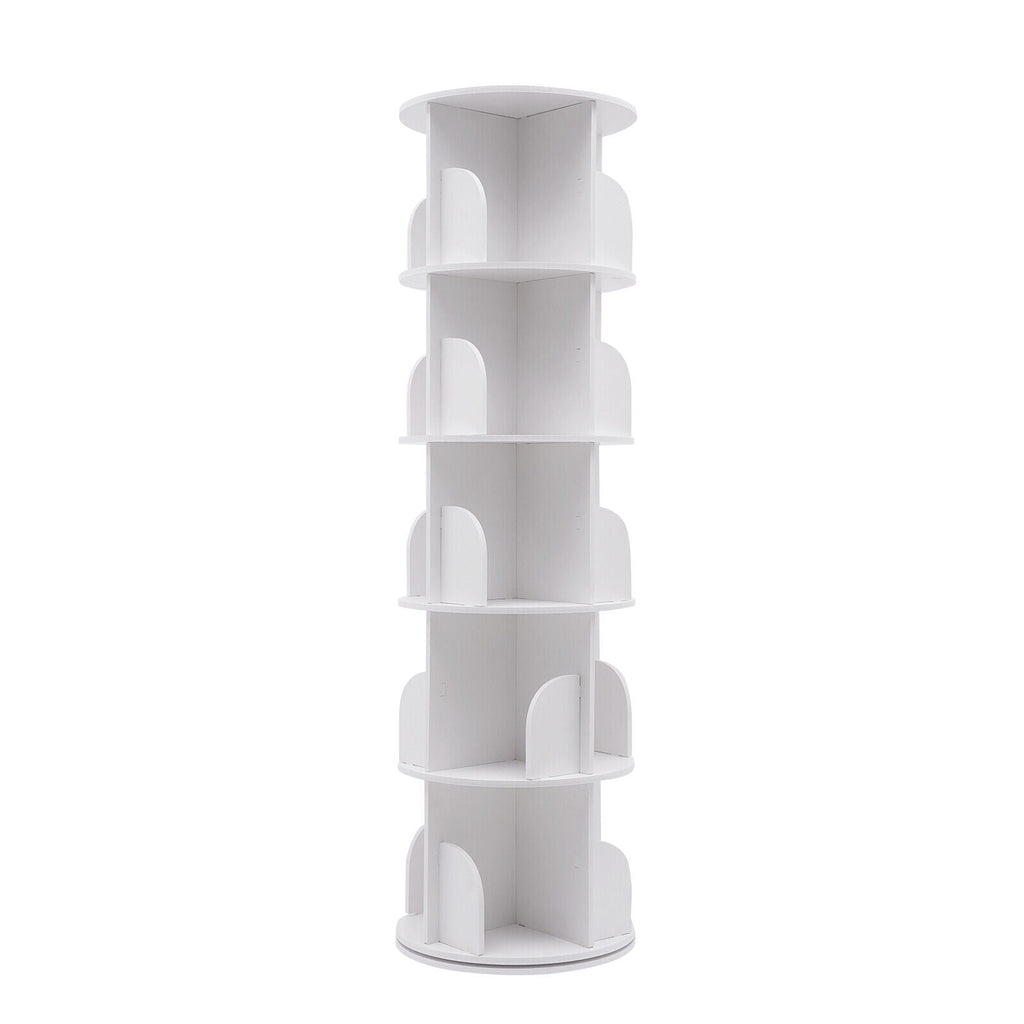5 Tier Rotating Bookshelf, Indoor White Stackable Bookcase Storage Shelf Round Freestanding Display Rack Revolving Bookcase