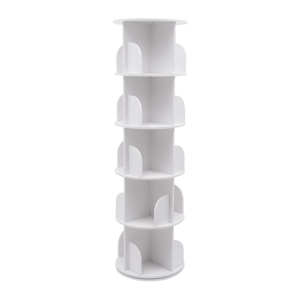5 Tier Rotating Bookshelf, Indoor White Stackable Bookcase Storage Shelf Round Freestanding Display Rack Revolving Bookcase