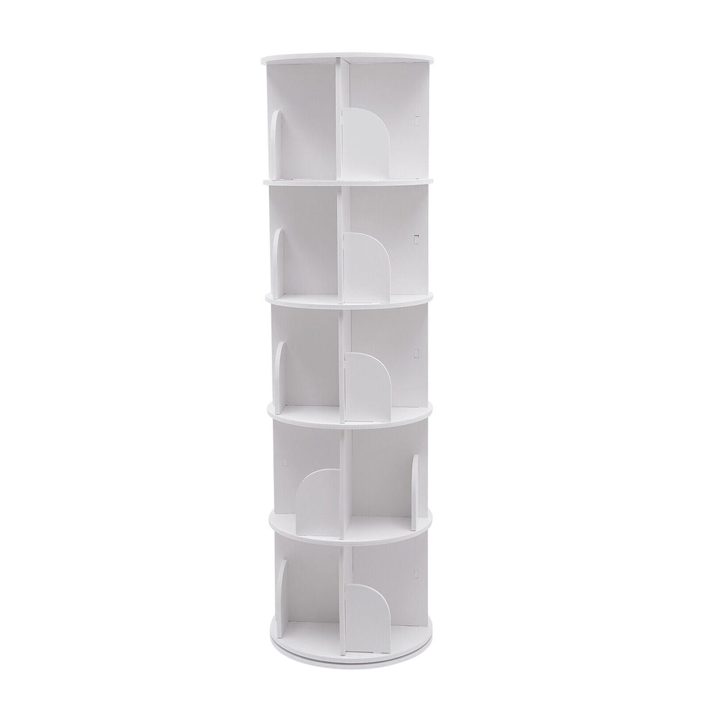 5 Tier Rotating Bookshelf, Indoor White Stackable Bookcase Storage Shelf Round Freestanding Display Rack Revolving Bookcase