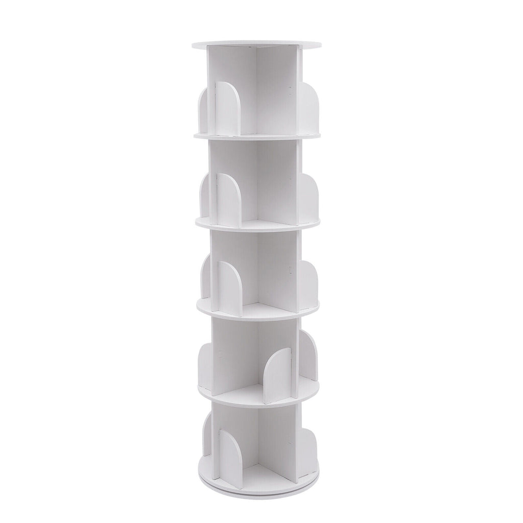 5 Tier Rotating Bookshelf, Indoor White Stackable Bookcase Storage Shelf Round Freestanding Display Rack Revolving Bookcase