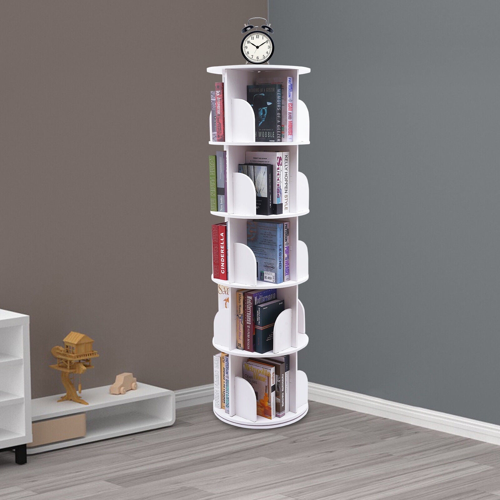 5 Tier Rotating Bookshelf, Indoor White Stackable Bookcase Storage Shelf Round Freestanding Display Rack Revolving Bookcase