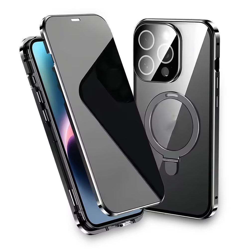 Magnetic Double-Sided Glass Privacy Phone Case Compatible with for iPhone 12, 13, 14, 15 and 16 Pro Max Plus with Security Lock, Comes with Kickstand and Camera Lens Protection.